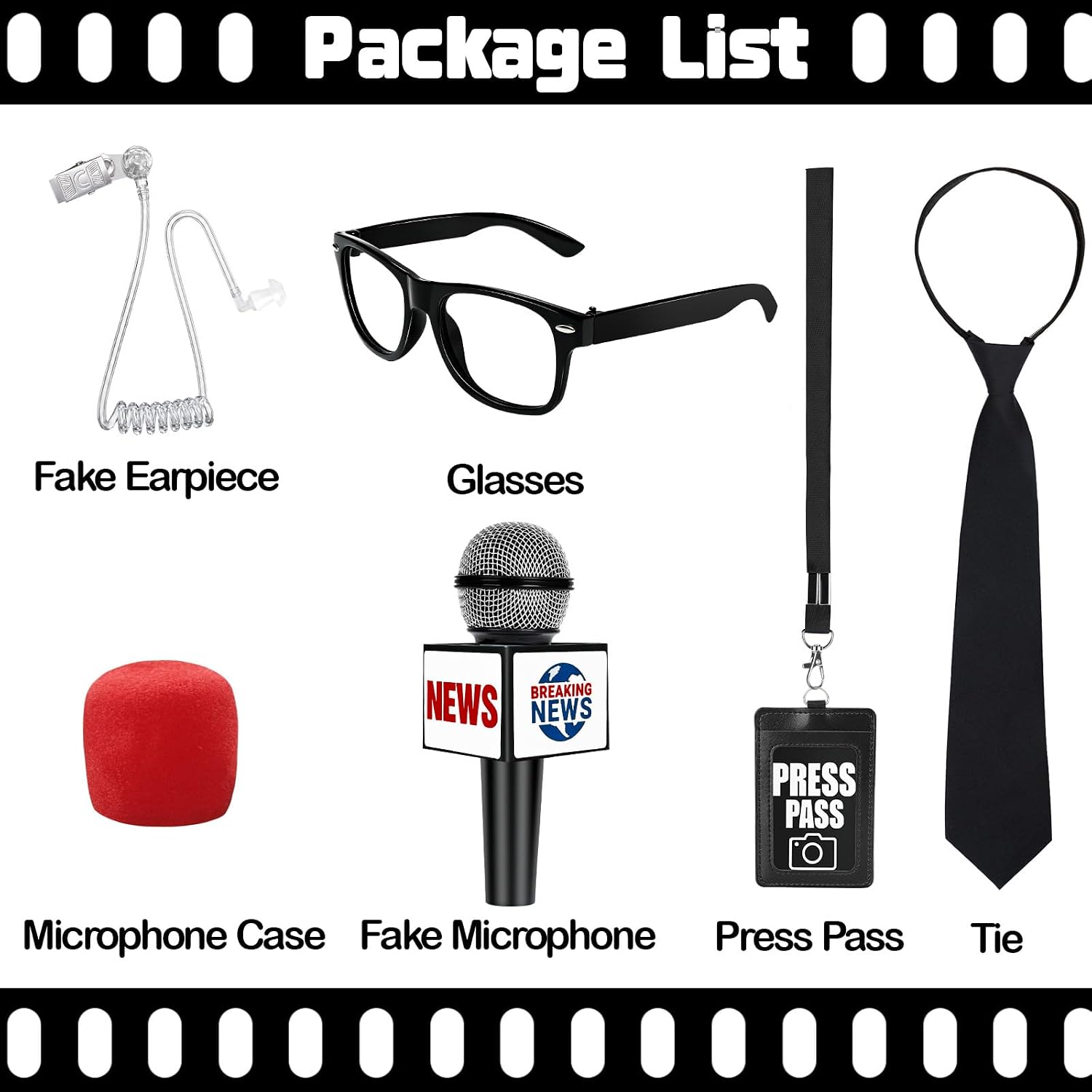 Journalist News Reporter Costume Accessories for Adult/Kids,News Reporter Set with Fake News Microphone Prop Press Pass Glasses Tie for Halloween Cosplay Black