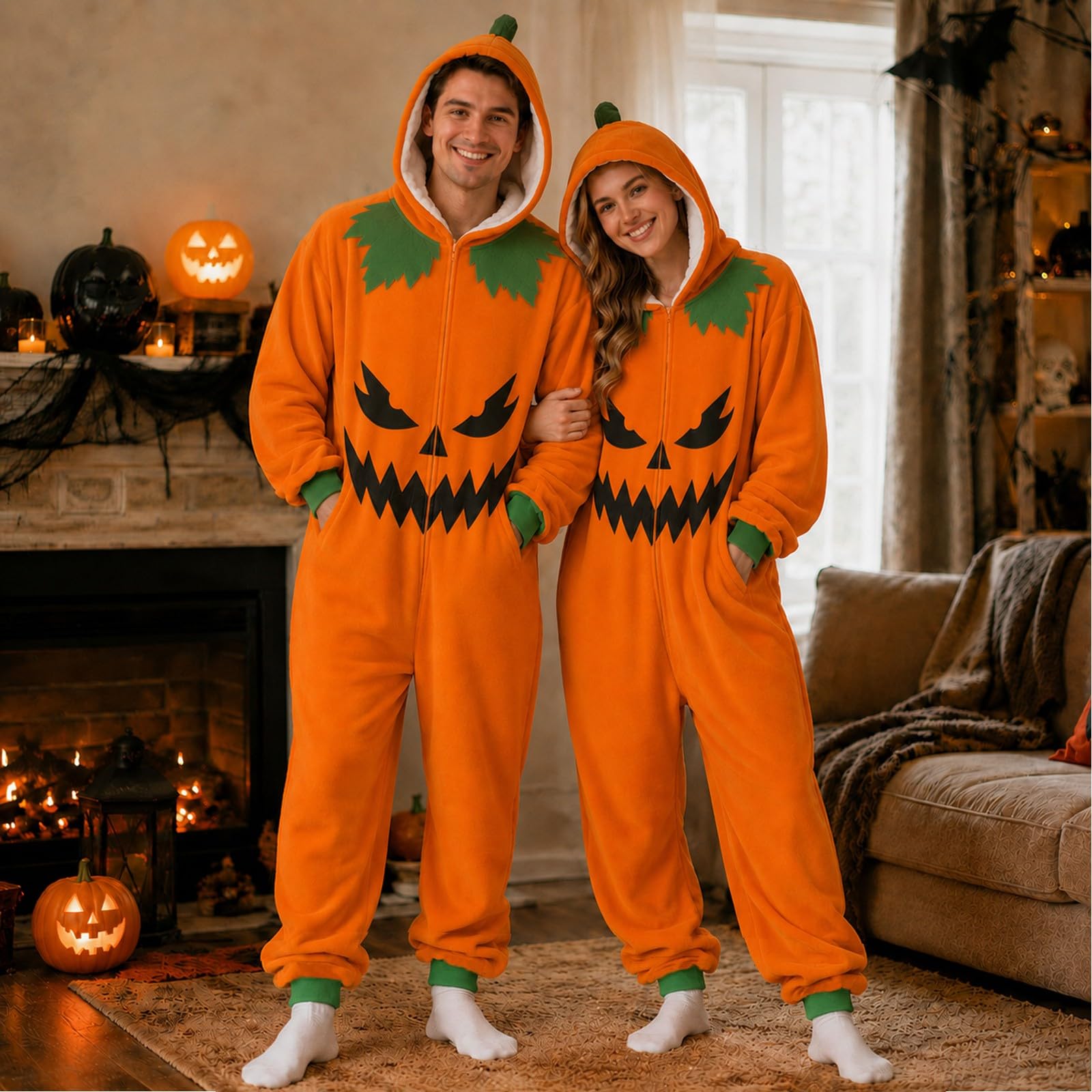 Halloween KostüM Damen Halloween-KostüM Women Gruselig Costume Frauen,Kuschelpullover mit Kürbisgesicht Fleecekapuze für Winterfeste Cosplay Partys Paare gemütlich festlich wärmend