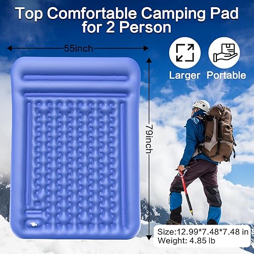 Miniatura 2 de Colchoneta de dormir doble para campamento, extra gruesa de 5 pulgadas, autoinflable para 2 personas, con bomba de pie integrada, alfombrilla