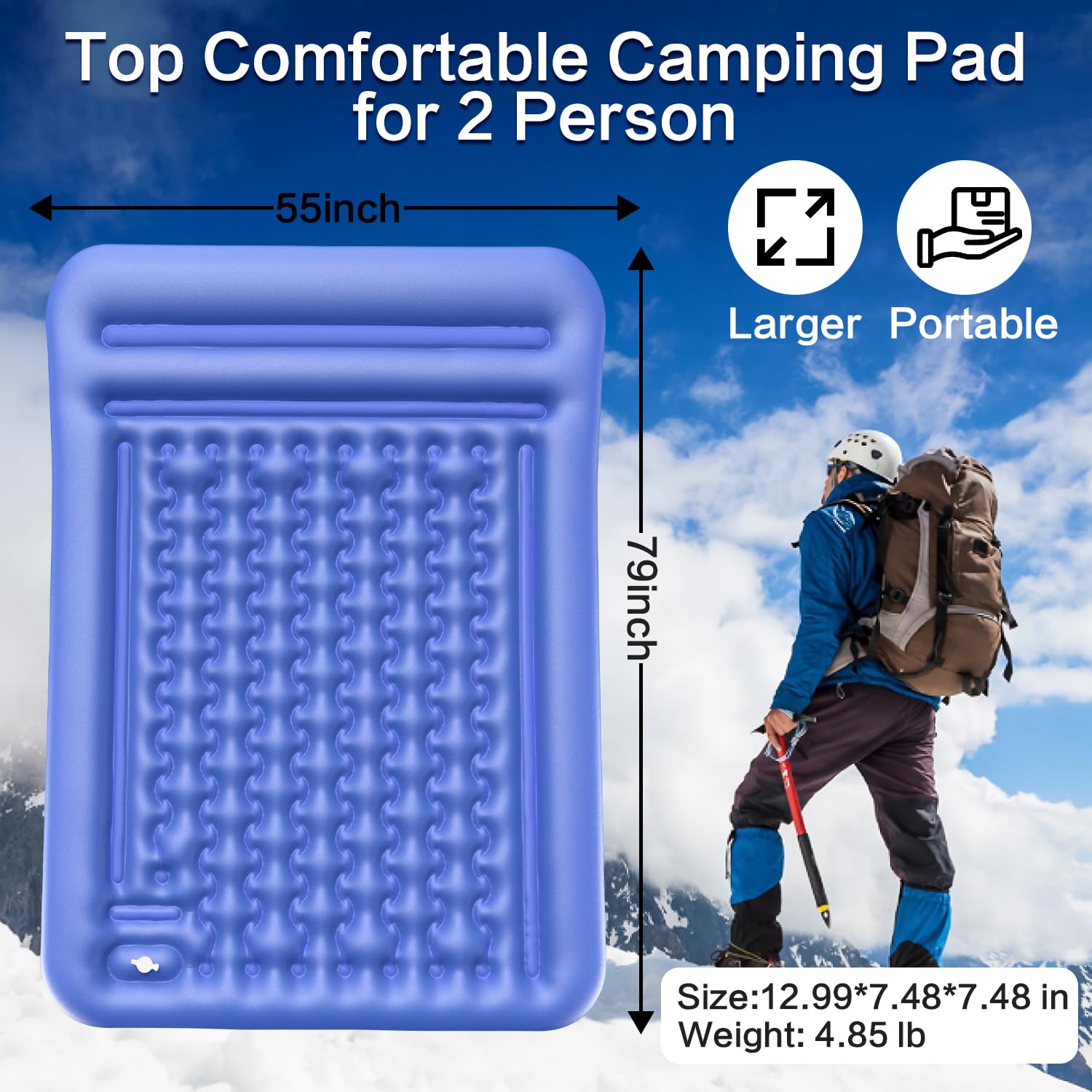 Wusrop Double Sleeping Pad for Camping, Extra Thick 5 Inch Self-Inflating 2 Person Camping Mattress,with Built-In Foot Pump, Insulated Inflatable Trampoline Mat for Backpacking, Hiking, Tents & Winter