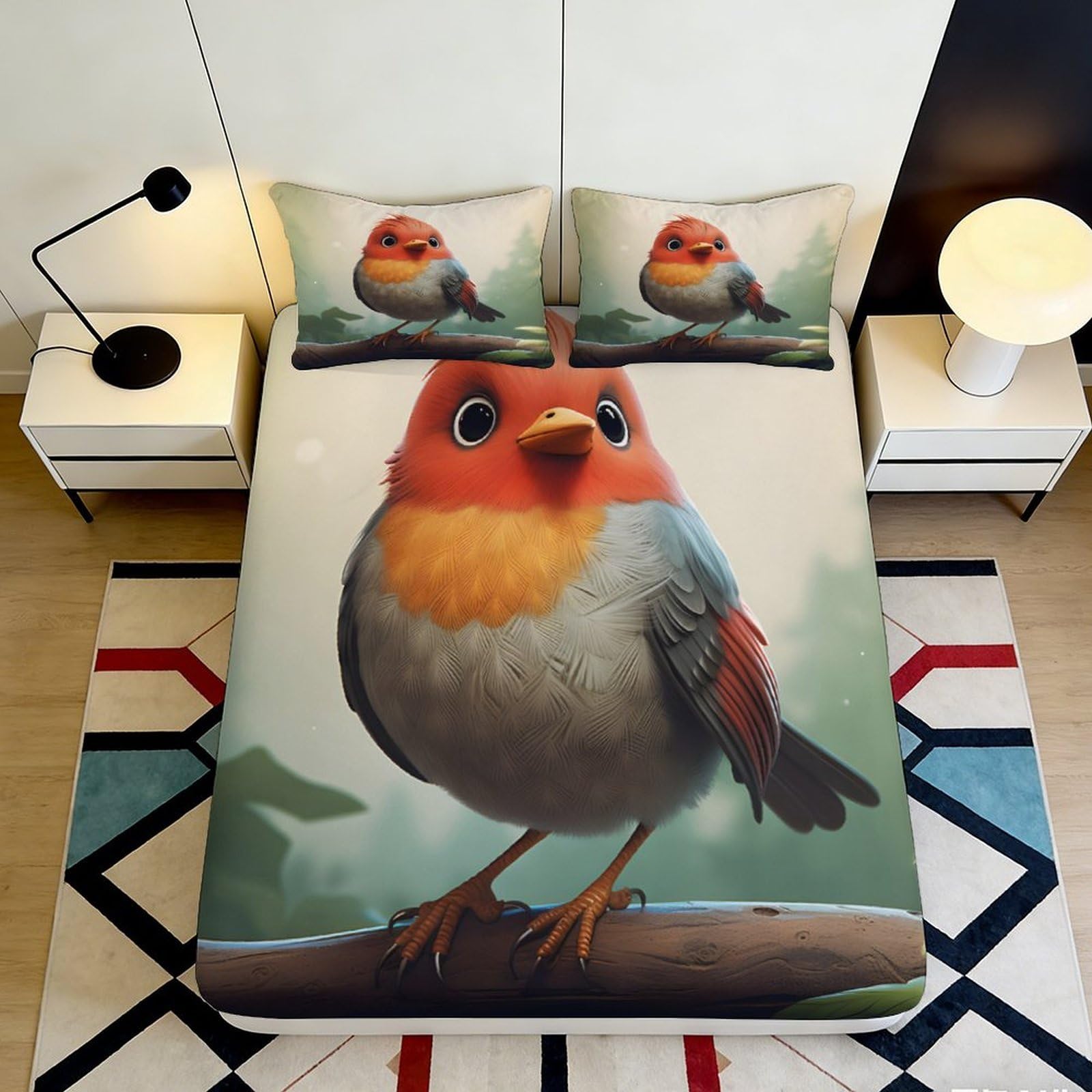3D Printed Cartoon Robin Fitted Sheet Microfiber Non-slip Cute Bird Mattress Cover Bedroom Dorm Decor 120x200cm 140x200x25cm
