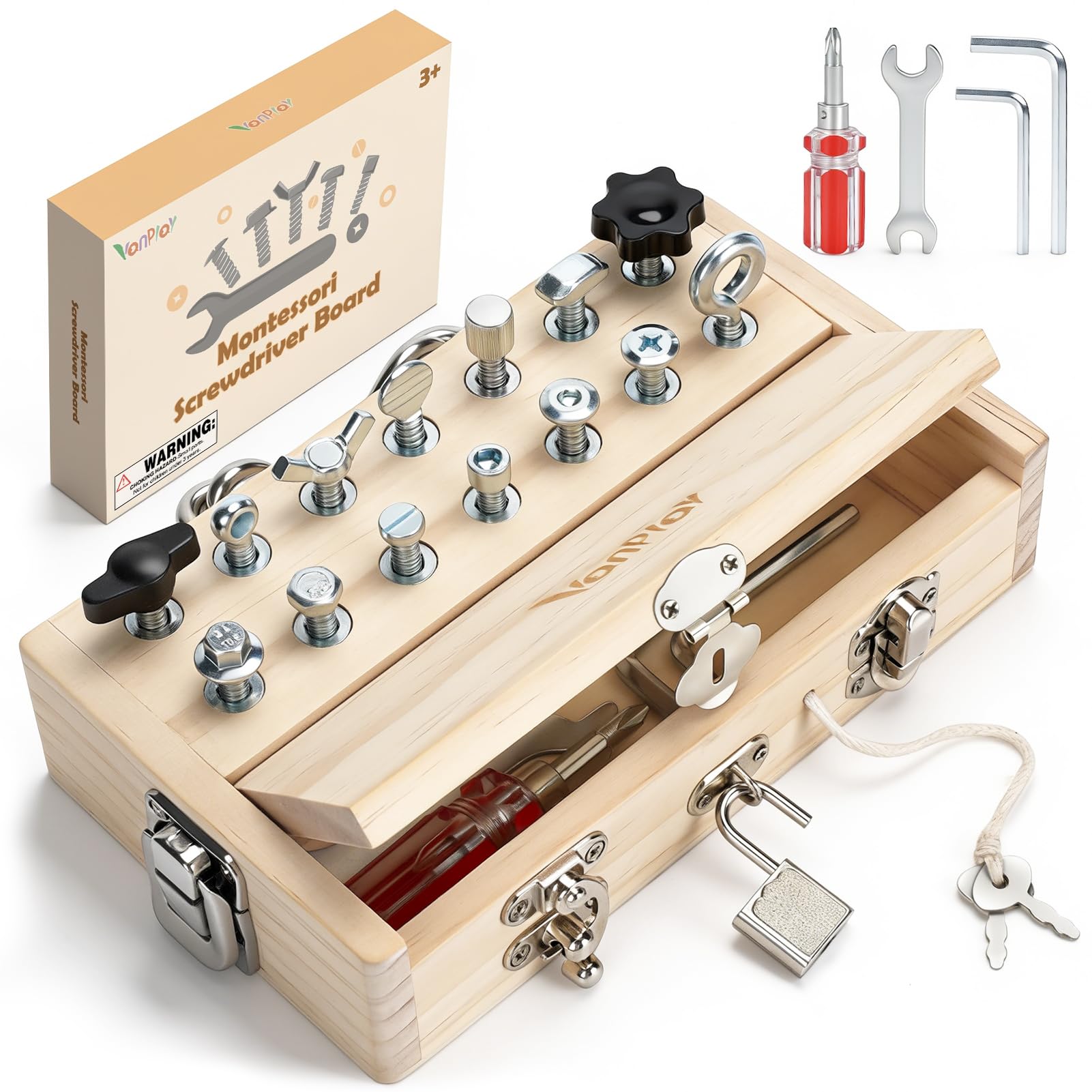 Vanplay Giochi Montessori 3 Anni, Attrezzi Giocattolo Bambini Giochi in Legno per Bambini, Cacciavite Giocattoli da Viaggio con Serratura e Chiave Giocattoli Educativi 3 4 5 6 Anni