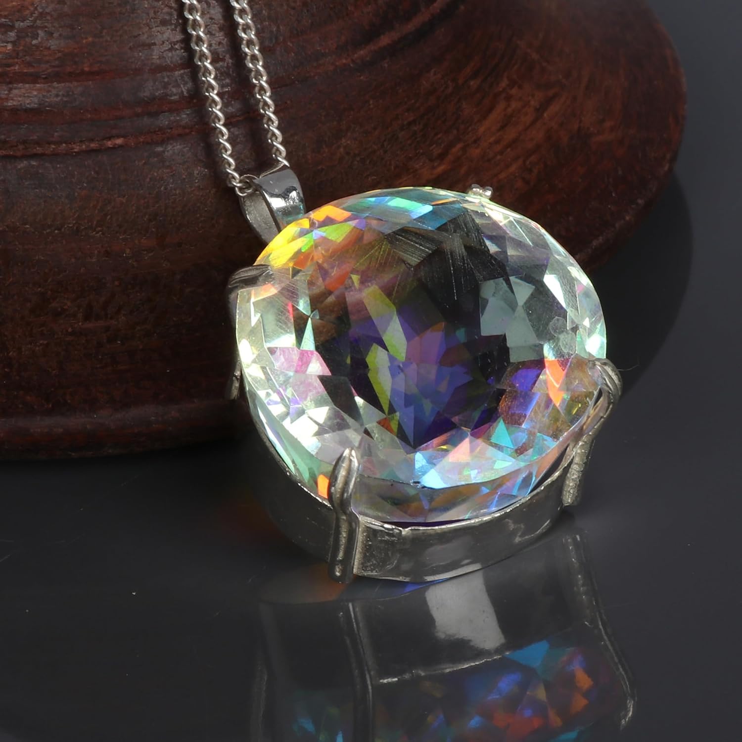 GEMHUB 68 Carat Lab Created Round Shape Mystic Topaz 925 Sterling Silver Pendant Office image 5