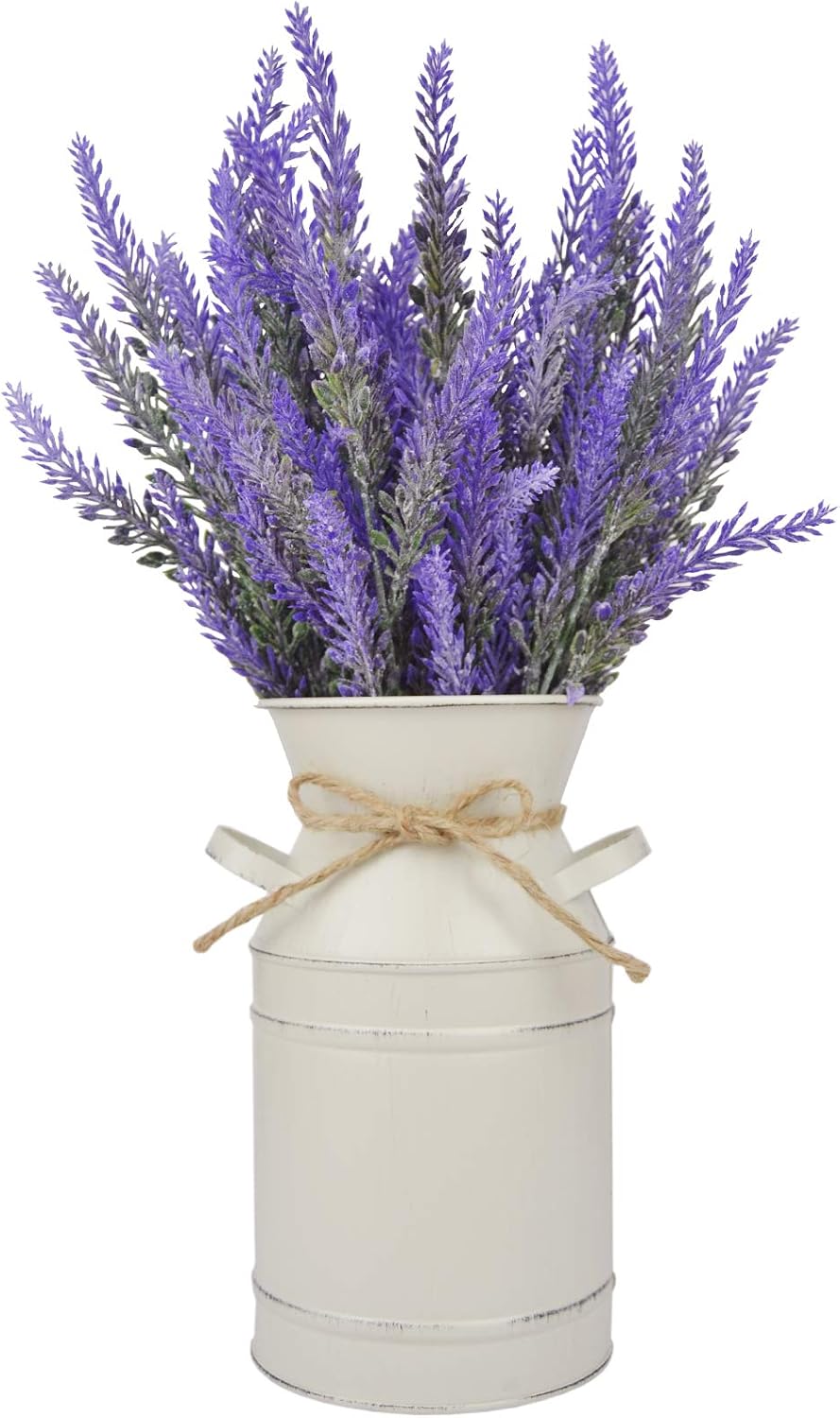 LESEN Farmhouse Decorative Vase with Artificial Flowers Lavender,Rustic Table Centerpiece Home Decor Metal Milk Can Country Jug for Living Room, Bedroom, Kitchen(Off White)
