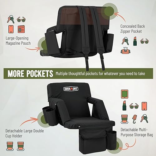 Miniatura 4 de Overmont Asiento de estadio con soporte trasero, cojín acolchado de 2.8 pulgadas, asiento reclinable de 6 posiciones con doble gancho, correas para