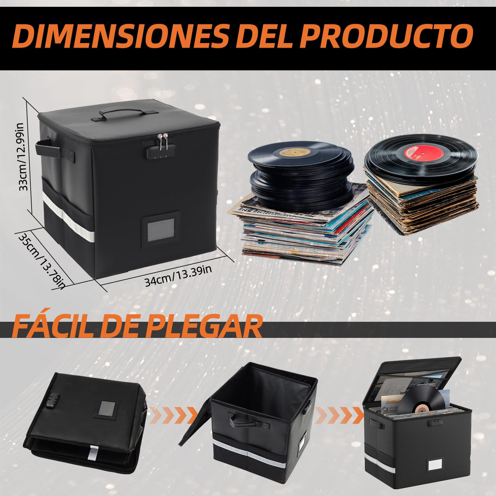 Caja de almacenamiento ignífuga para discos de vinilo con cerradura, gran capacidad, plegable e incluye etiqueta de nombre. Perfecto para coleccionistas de álbumes raros. Caja de música para el