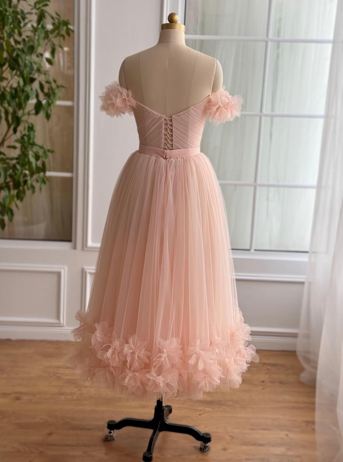 Off The Shoulder 3D Flower Tulle Prom Dress for Teens Tea Length A Line Princess Evening Party Gown