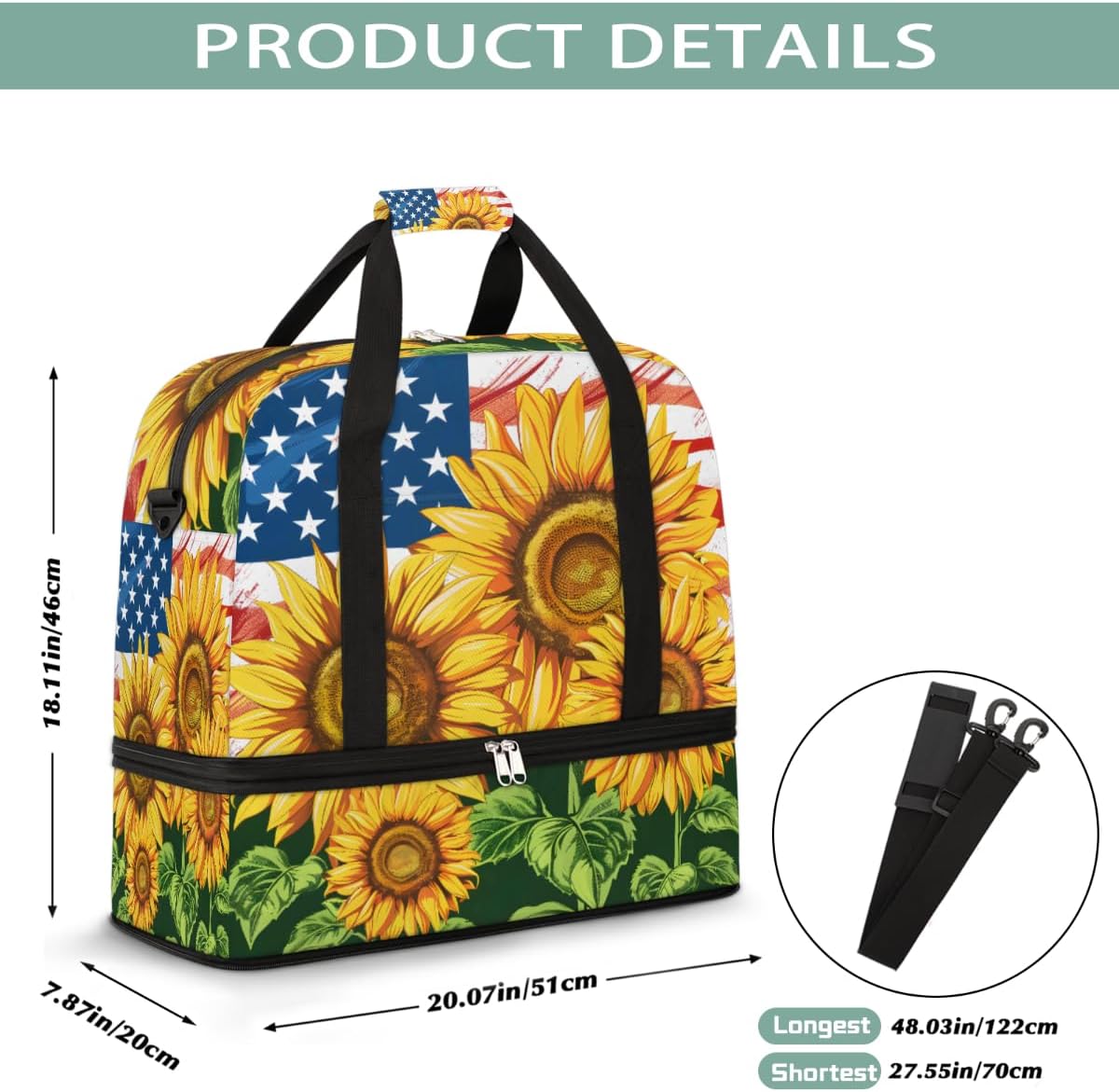 American Flag Sunflower Large Travel Duffel Bag for Women Men Gym Bag Weekender Overnight Bags With Shoe Compartment Foldie Travel Tote Bag Carry On Personal Item Bag for Travel Gym Sports
