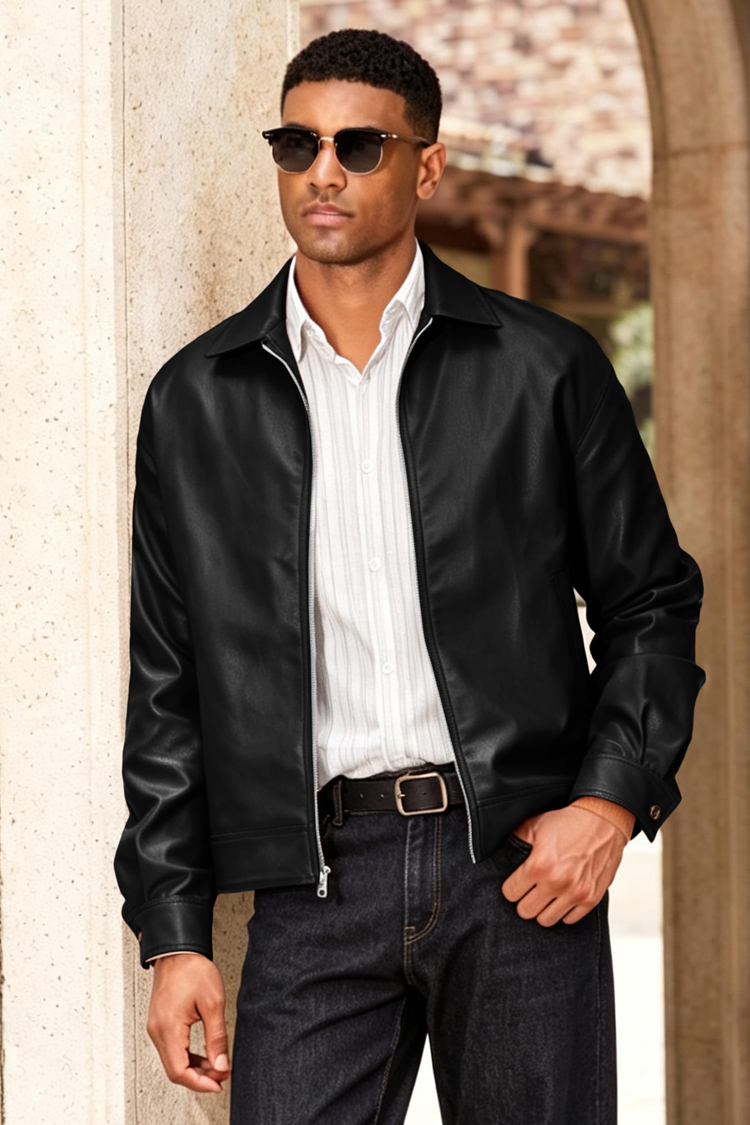 JMIERR Herren Lederjacke 2026 Casual Zip Leder Jacke Loose Fit Mantel