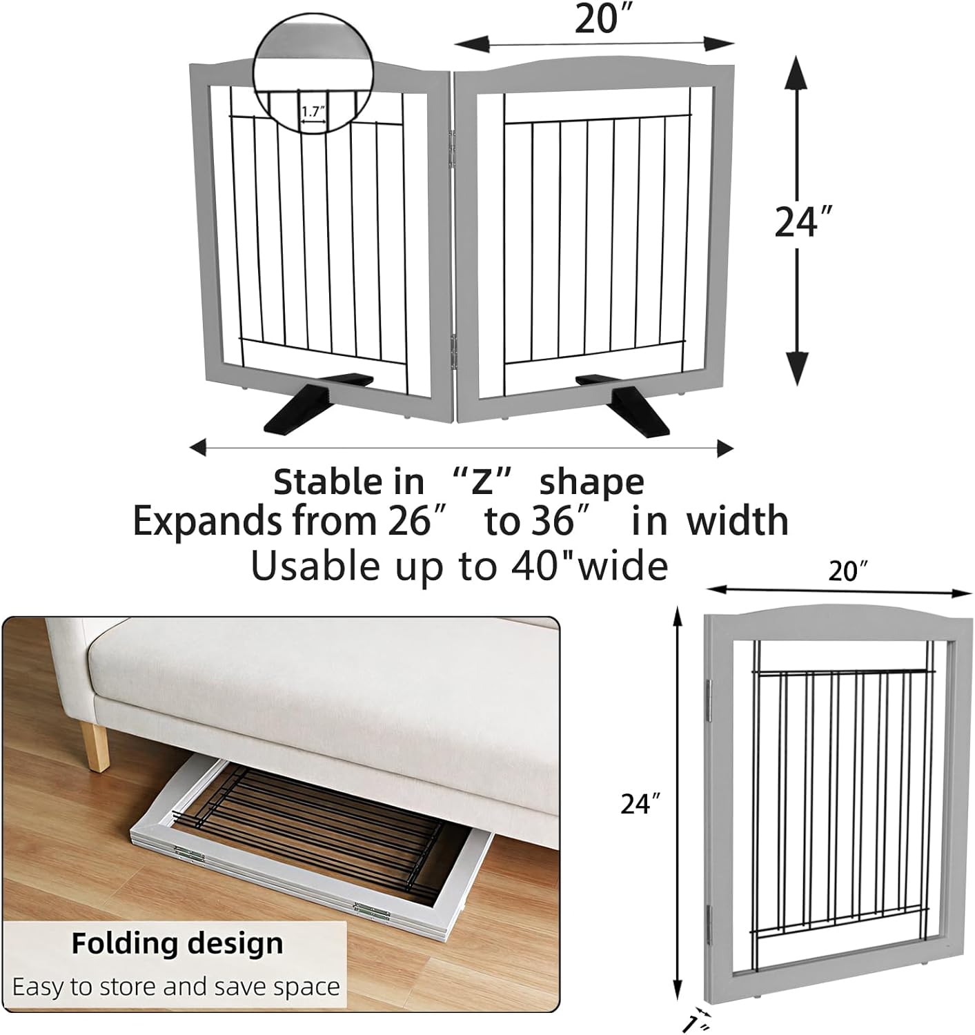 Dog Fence Indoor,Dog Gate Indoor for Doorway pet gate -2-Panel Freestanding, Hallways, House or Stairs -40x24-Inch Retractable Foldable Expandable Wood Pet by SFJC (Grey)