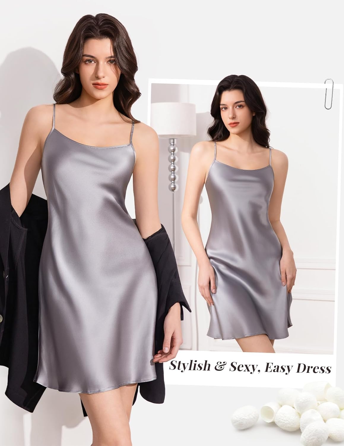 THXSILK Women's Sexy Silk Nightgown, 100% Mulberry Silk Sleepwear Round Neck Spaghetti Strap Chemise Short Slip Dress - Image 3