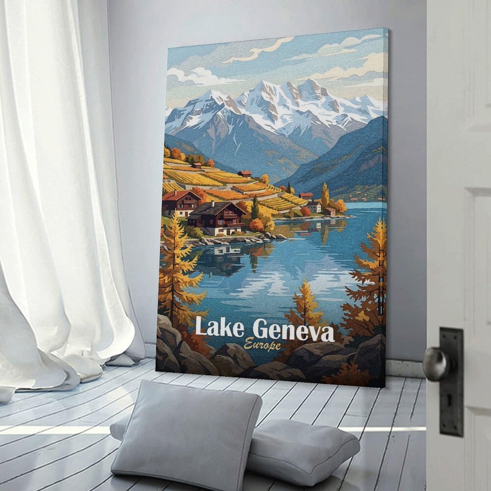 Junmoney Wall Picture Print Lake Geneva Europe Travel, 16x24inch(40x60cm), for Wall Displays, Bedrooms Or Room Updates, Wall Decor Suited to Curated Displays