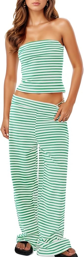 Womens Striped Two Piece Sets Cropped Tube Top and Wide Leg Pants Lounge Matching set with Pockets