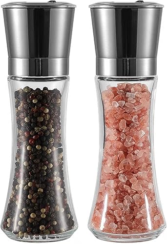 VEVOK CHEF Juego de molinillo de sal y pimienta de acero inoxidable, molinillo de sal y pimienta negra con grosor ajustable, juego de salero,