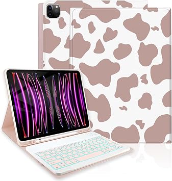 Keyboard Case for iPad Air 13-inch M3 2025/M2 2024/ Pro 12.9 6th/5th/4th/3rd Gen 2022/2021/2020/2018,with 7-Color Backlights,Detachable,Rechargeable,Pencil Holde-Brown PinkCow