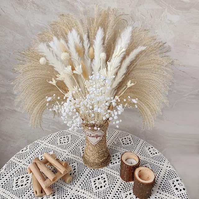 65PCS White Dried Flowers ,Pampas Grass, dried flowers bouquet,Pampas Grass Fluffy Dry Flowers for Decoration, Wedding Decoration Flower Arrangement