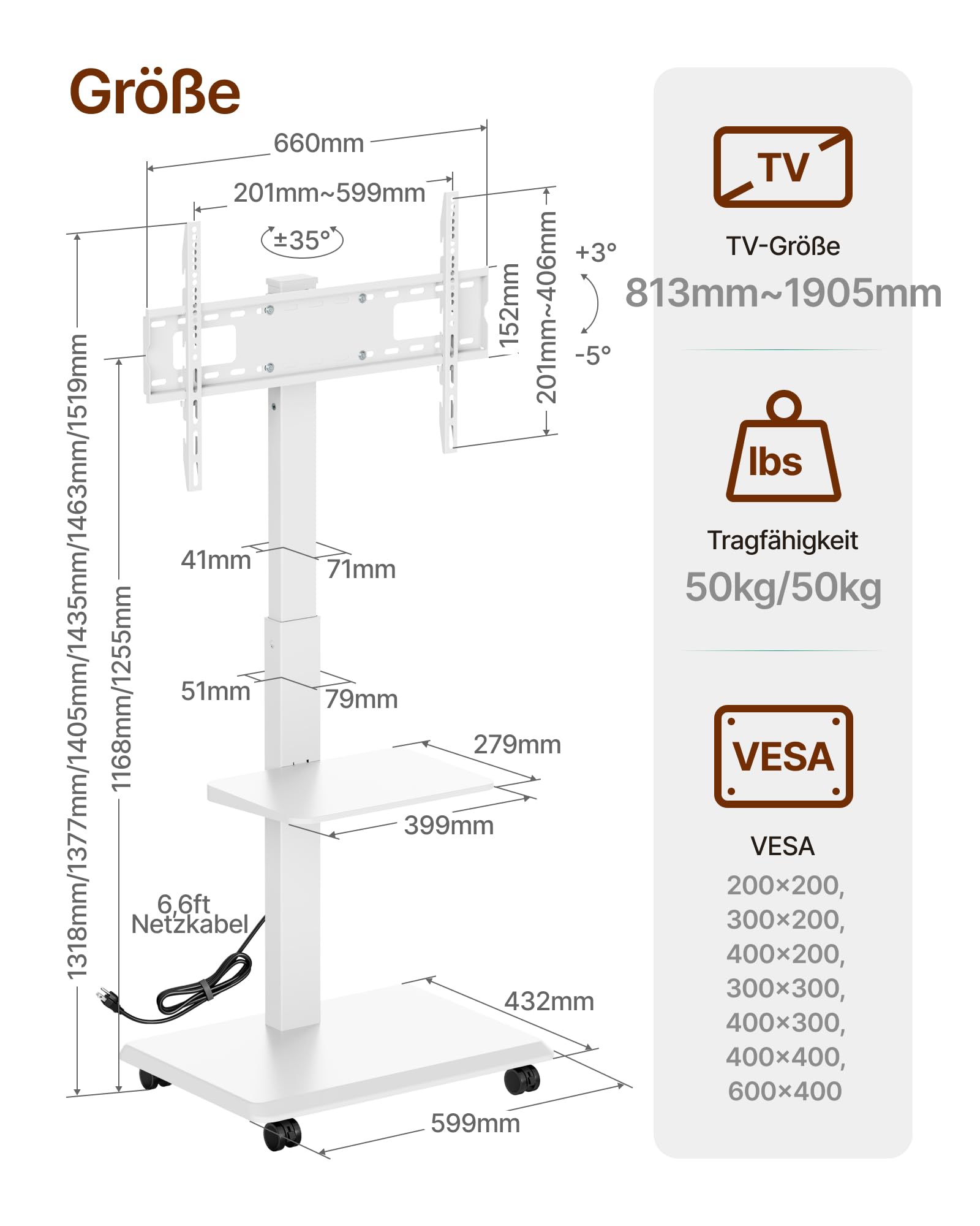 TV Ständer Rollbar für 37-75 Zoll bis zu 50kg, Max VESA 600x400mm | TV Standfüße mit Steckdose, Versteckter Kabelverwaltung, Höhenverstellbar, Schwenkbar, Neigbar, 2-Fache Tragkraft, Weiß