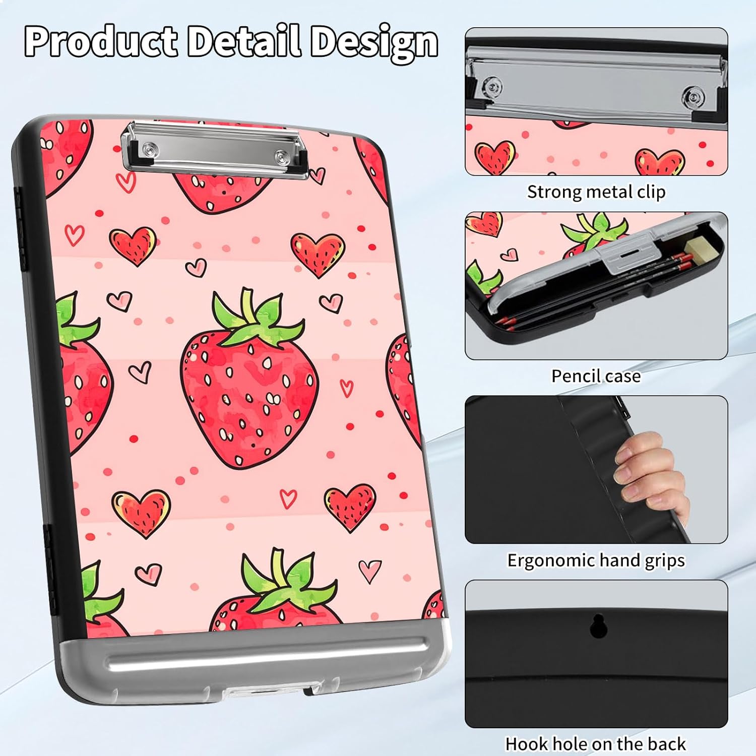 Clipboard with Storage,Plastic Storage Clipboard with Low Profile Clip,Heavy Duty High Capacity Clip Boards with Pen Holder & Pencil,Teacher Must Haves,Office Supplies,Cute Pink Strawberry