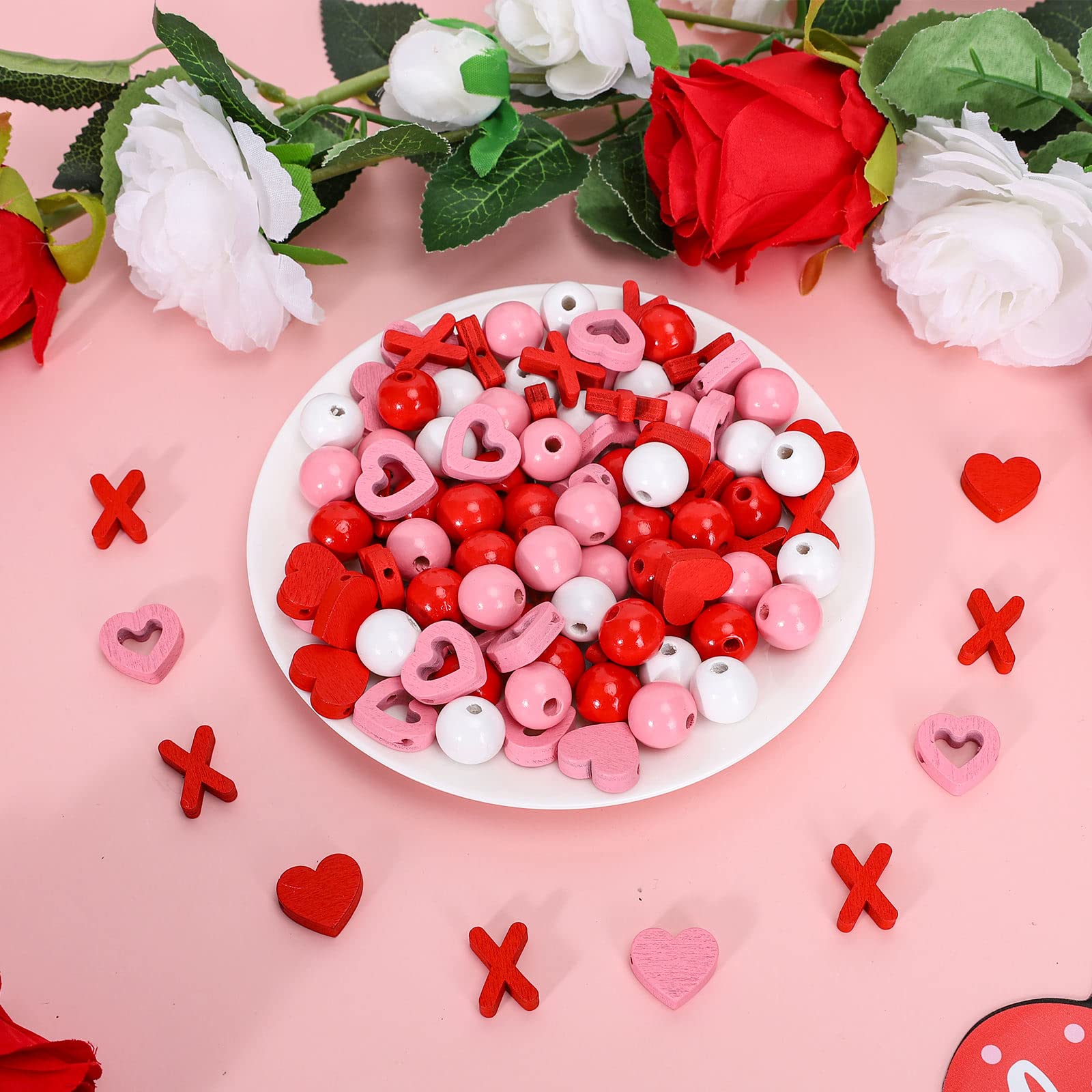Whaline 220 Holzperlen Set Valentinstag – Herzen, Bunt, Mit 10 M Hanfseil, Für DIY Schmuck & Deko