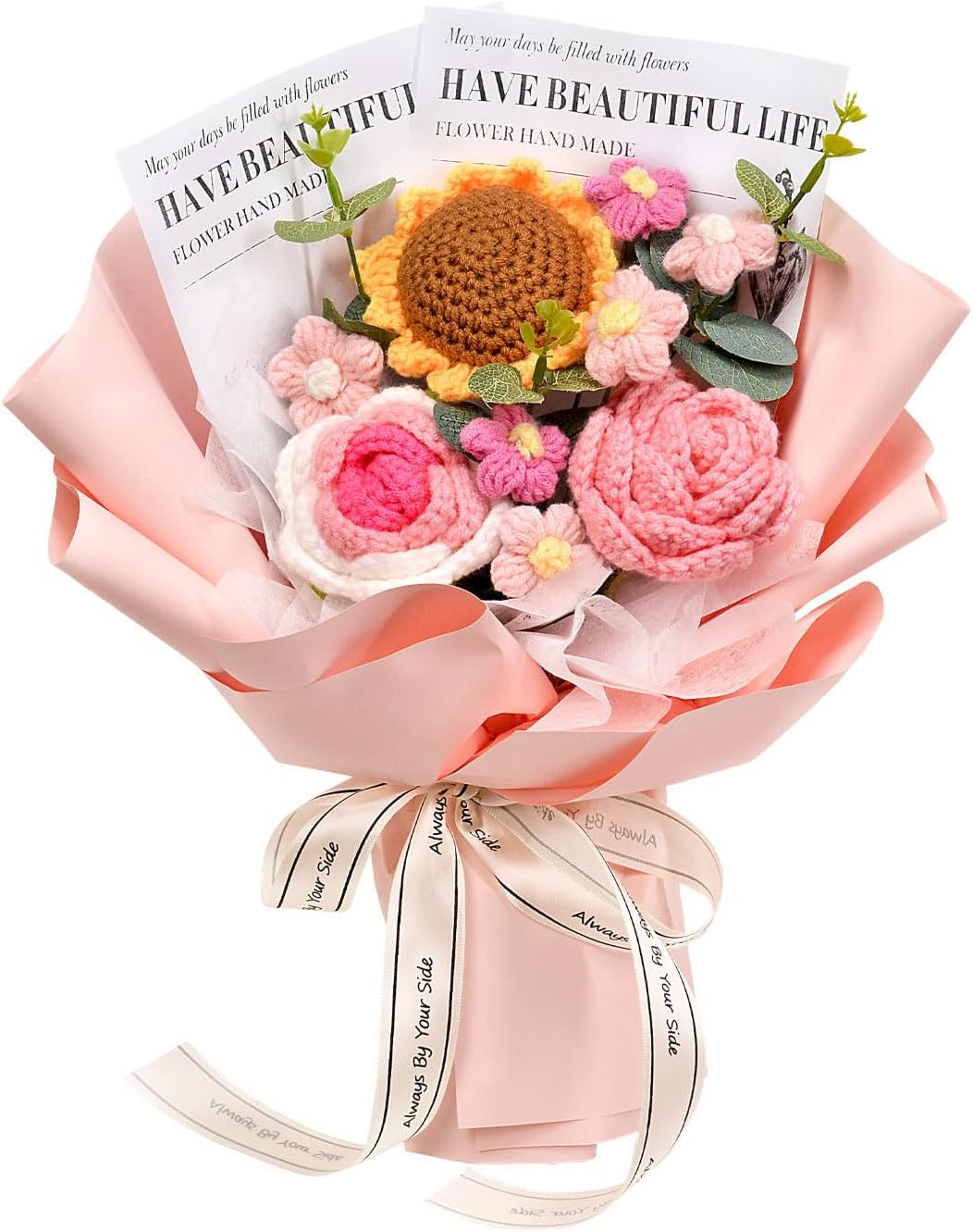 Crochet Flowers Bouquet, Crochet Roses Sunflower Bouquet for Mother's Day, Valentine's Day, Anniversary, Wedding, Birthday, Gifts for Mom, Lovers, Friends, Pink