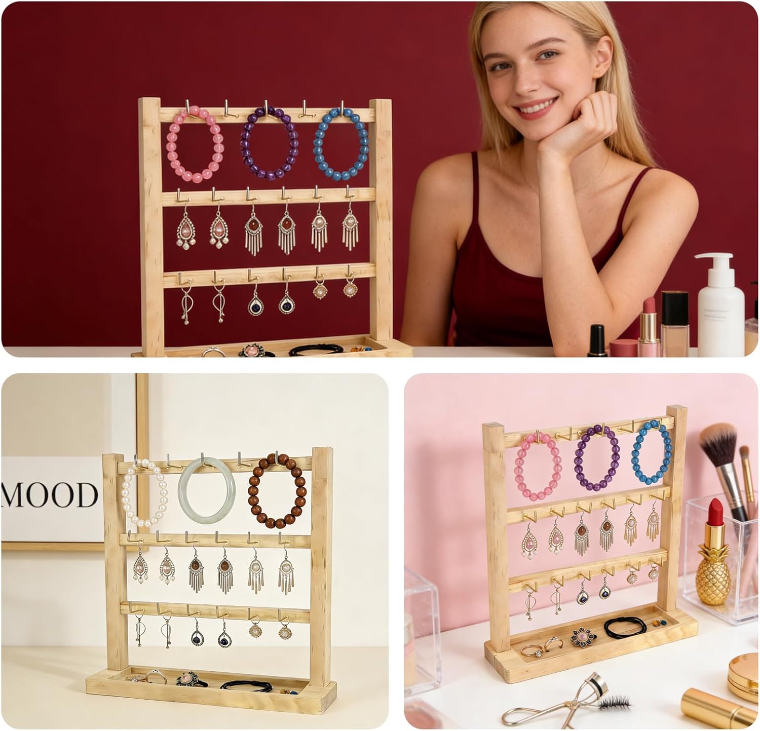 Keychain Display, Keychain Display Stand,3-Tier 18 Hook Organizer Rack,Lightweight Wooden Holder for Retail Store, Home Entryway to Display & Organize Keychains