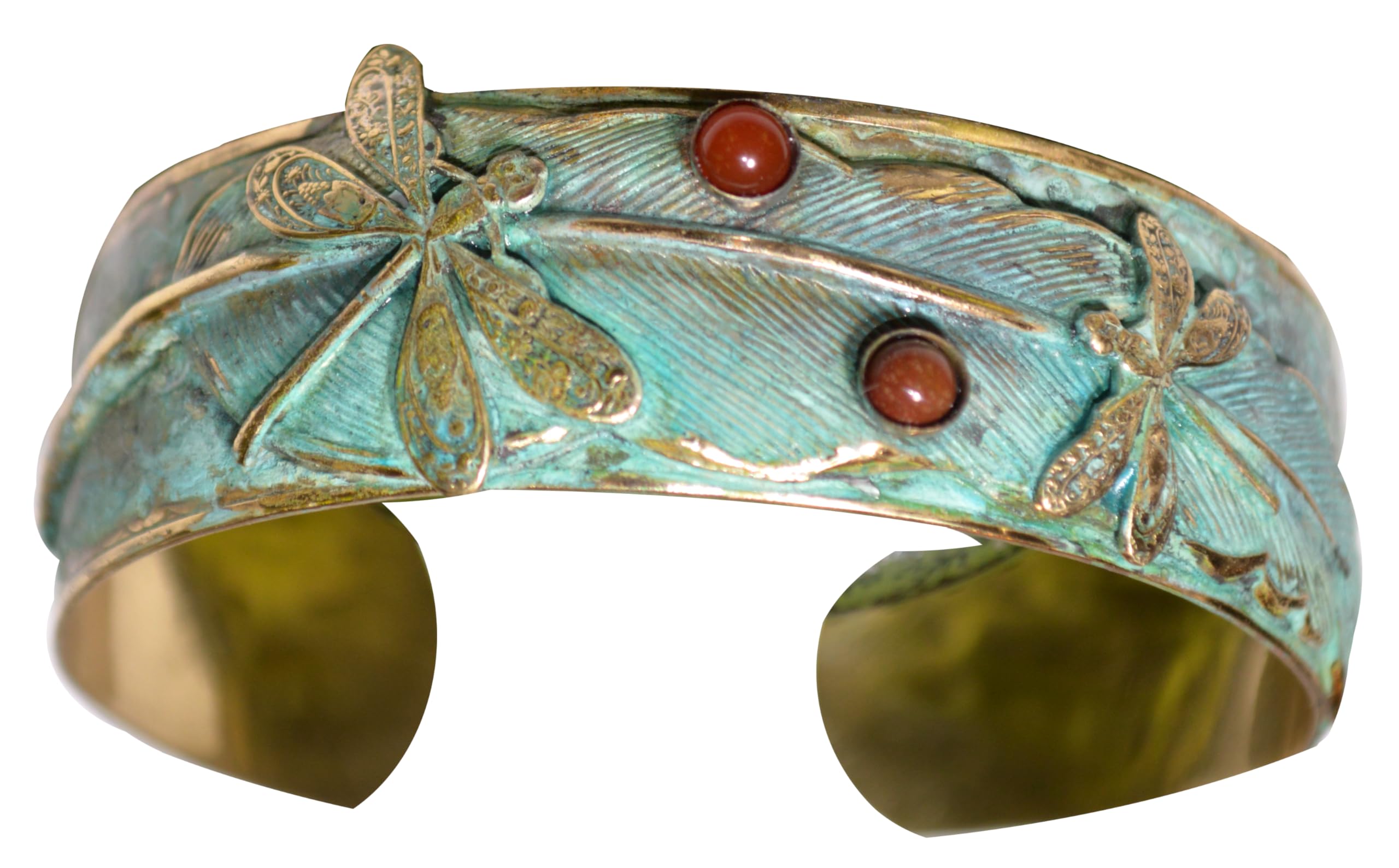 Elaine Coyne Dragonflies on Feather Wearable Art Cuff Bracelet - Semi-Precious Stones