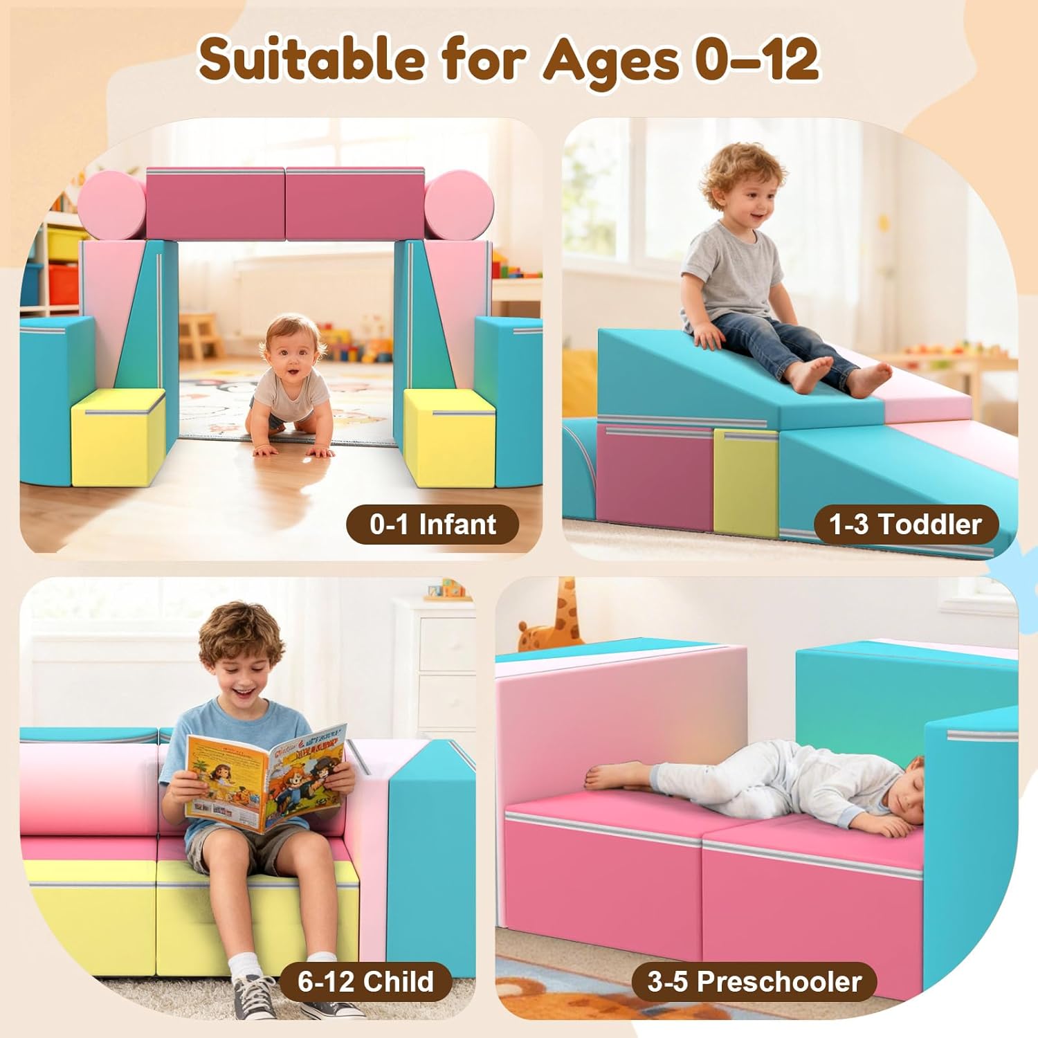 BIERUM Kids Couch, 12PCS Modular Kids Play Sofa with Blanket, Color-Blocking Toddler Couch for Playroom, Convertible Kids Foam Climbing Play Set, Imaginative Creative Play Sofa for Boys & Girls