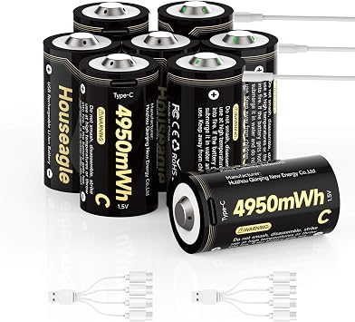 Lithium C Batteries Rechargeable 8 Pack,1.5V LR14 4950mWh Large Capacity 1300+ Cycles C Cell Li-ion Battery with USB C Charging Cable for Security Cameras,Flashlights and Other High-power Devices