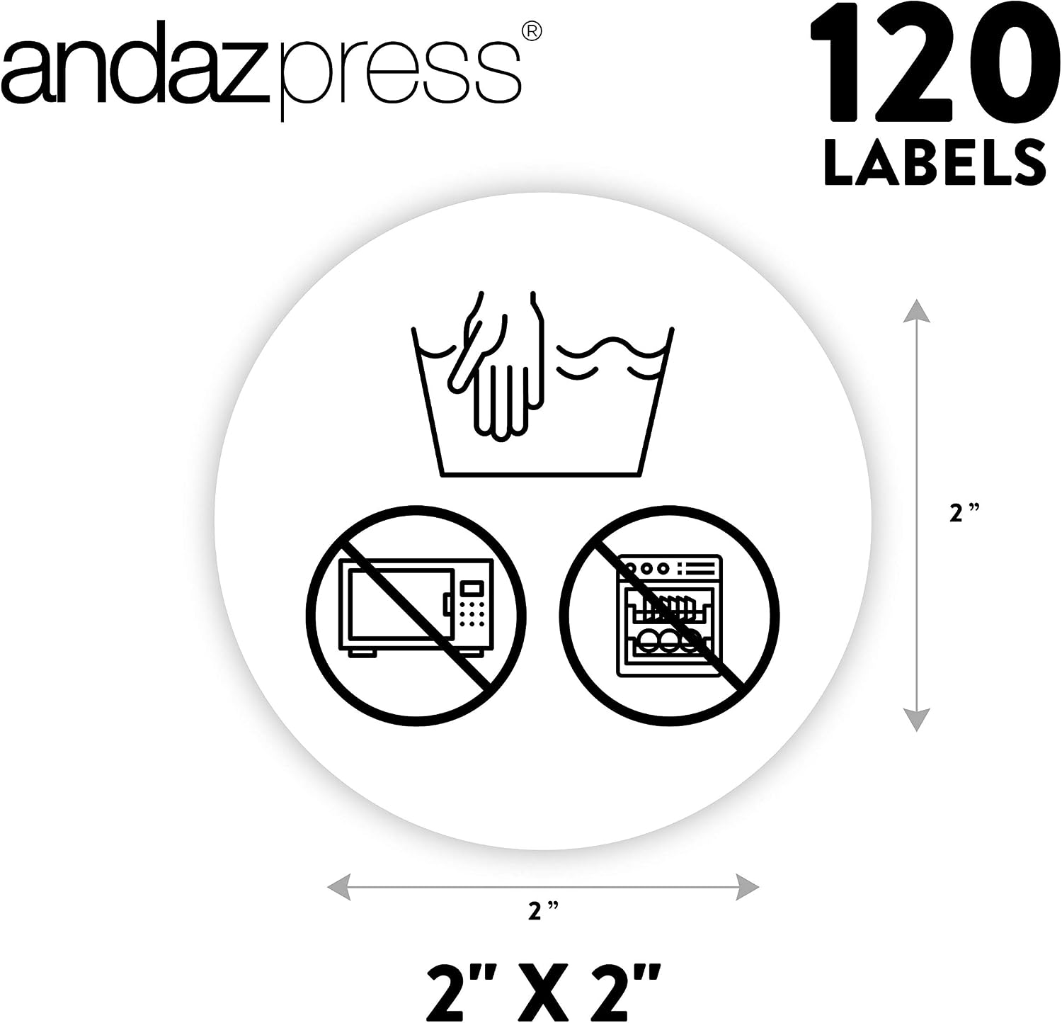 Andaz Press Round Small Business Sticker Labels, 120-Pack, Hand Wash Only Icon, Packaging Stickers Adhesive Shipping and Mailing Seals for Envelopes, Boxes, Retail Packaging