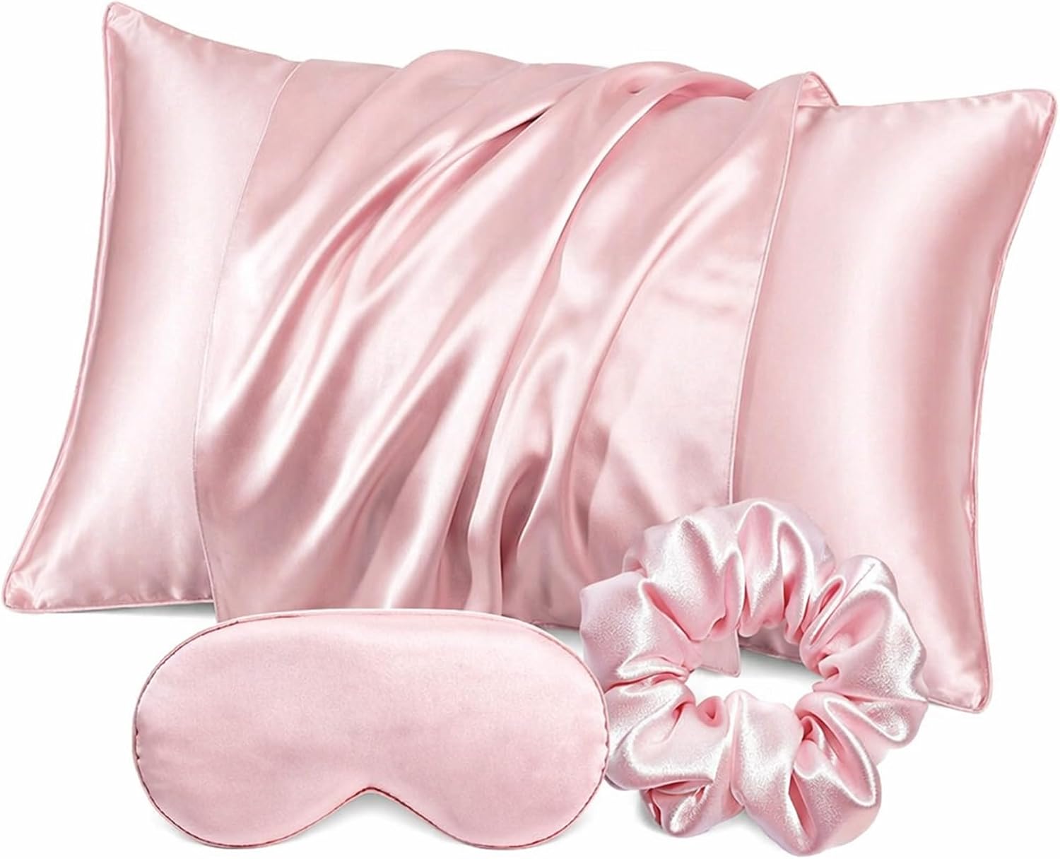 3 Pcs Vegan Satin Sleep Set, Pink Pillowcase Eye Mask Scrunchie Headband