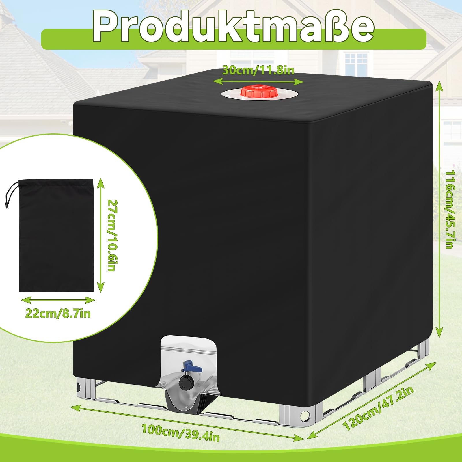 IBC Tank Abdeckung, Wassertank 1000L Abdeckung, wasserdicht, UV-beständig, Starkes Oxford-Gewebe, zum Schutz des IBC Container 1000L, Regenwassertank (120 x 100 x 116 cm), Schwarz