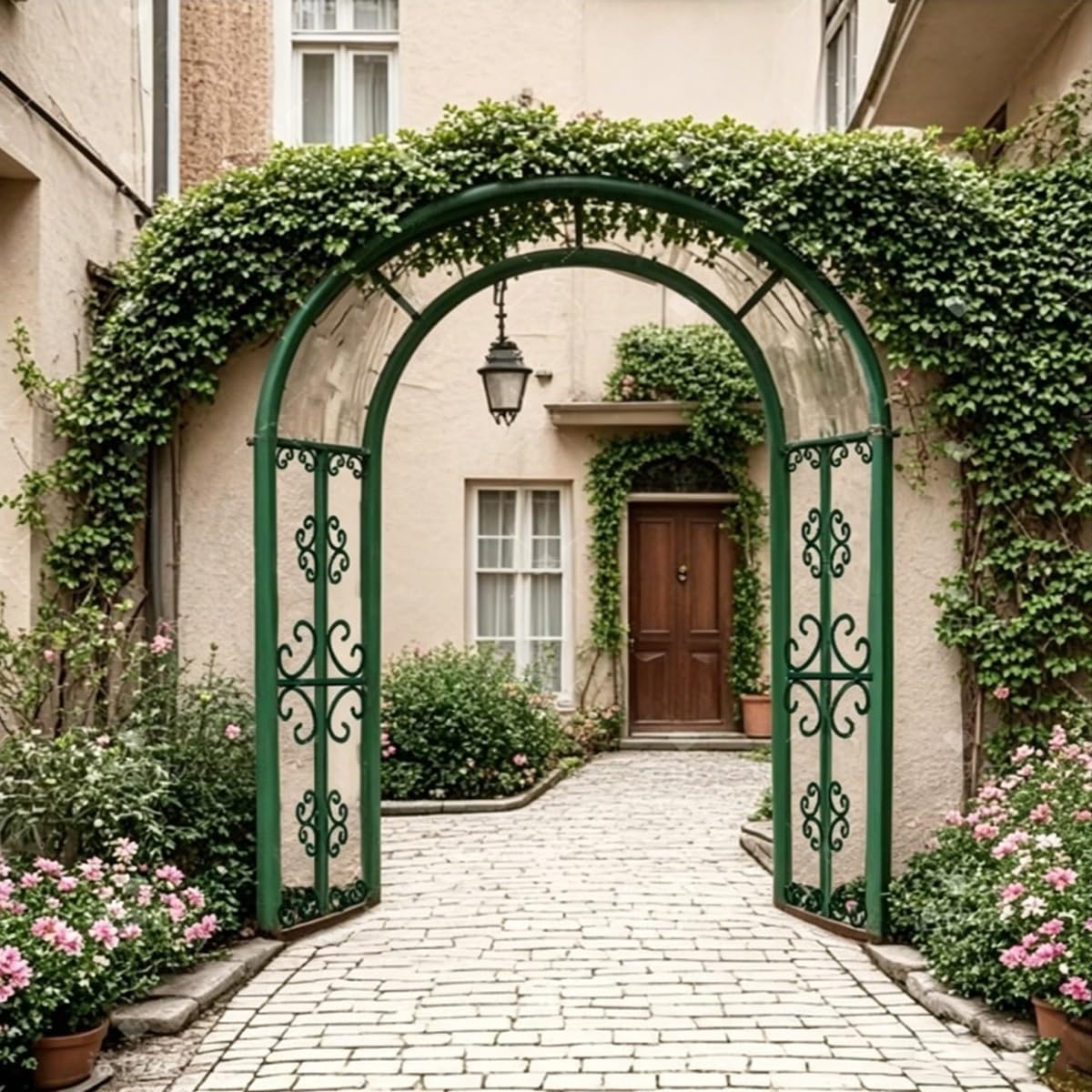 Ozdobny Łuk Ogrodowy Metalowy, Pergola Wbijana W Ziemię Na Róże I Pnącza, Stabilna Podpora Do Roślin Z Ornamentami, 140cm 180cm 220cm 260cm 300cm 340cm(Zielony,300cm X 230cm)