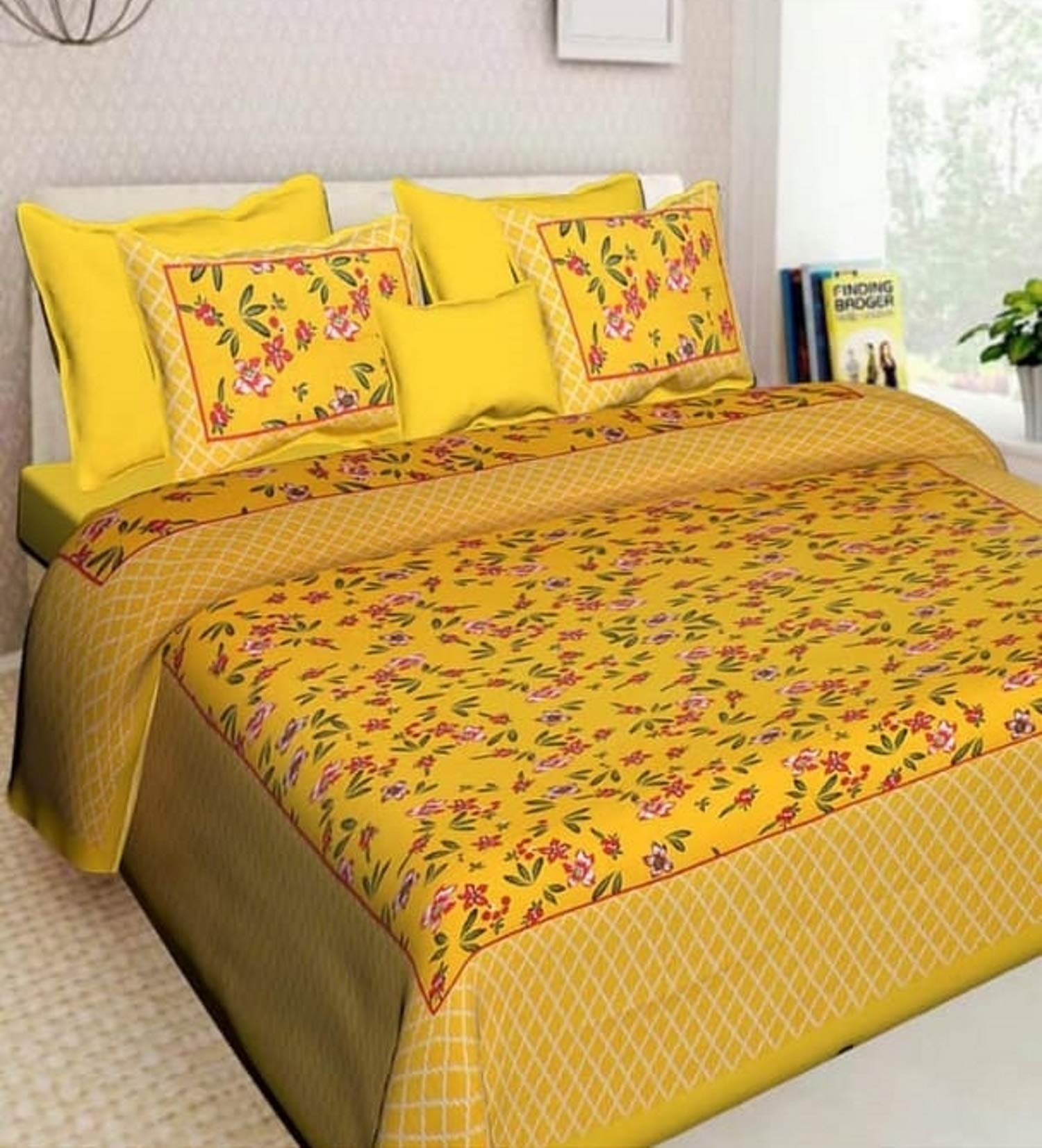 Drap de lit imprimé floral coton jaune Jaipuri Sanganeri 84x90 pouces