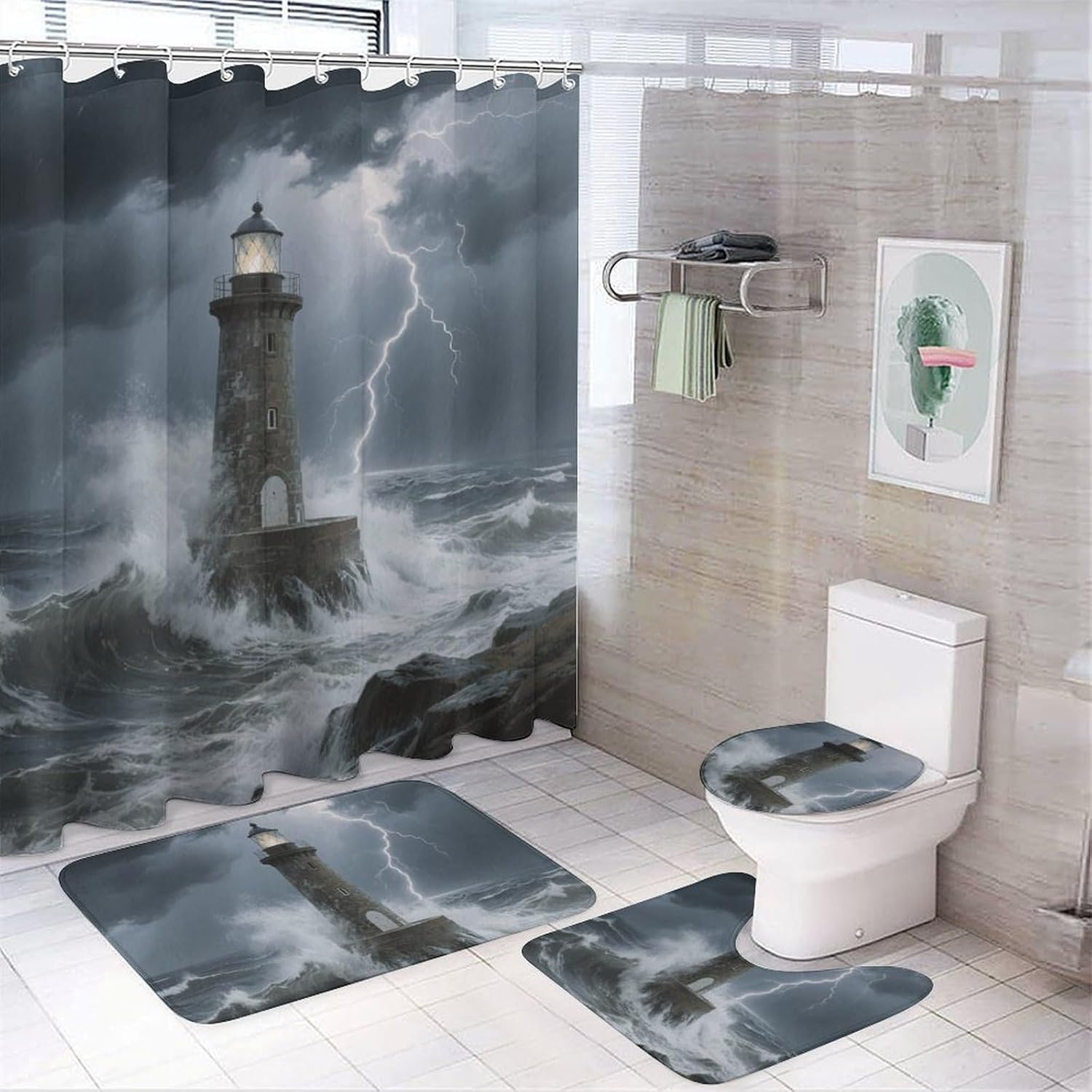 Lighthouse Shower Curtain Set 4 Piece, Non-Slip Bath Mat with Toilet Lid Cover and Waterproof Shower Curtain with 12 Hooks, Complete Bathroom Set for Home Decor