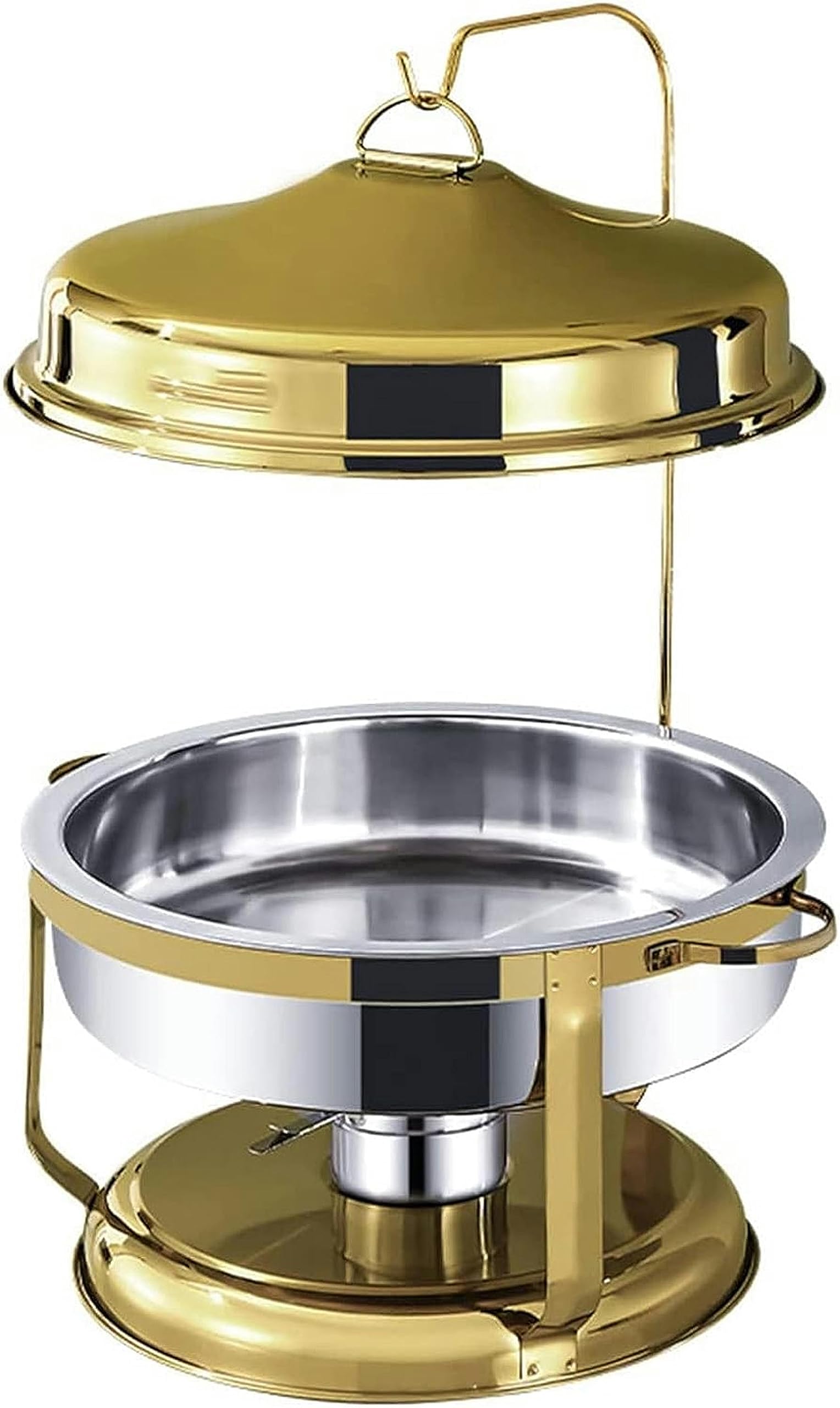 Chafing Dish Rotondo in Acciaio Inossidabile da 9 Litri,Portavivande E Scaldavivande di Dimensioni Standard con Teglia per Alimenti,Porta Combustibile E Coperchio per C,Gold