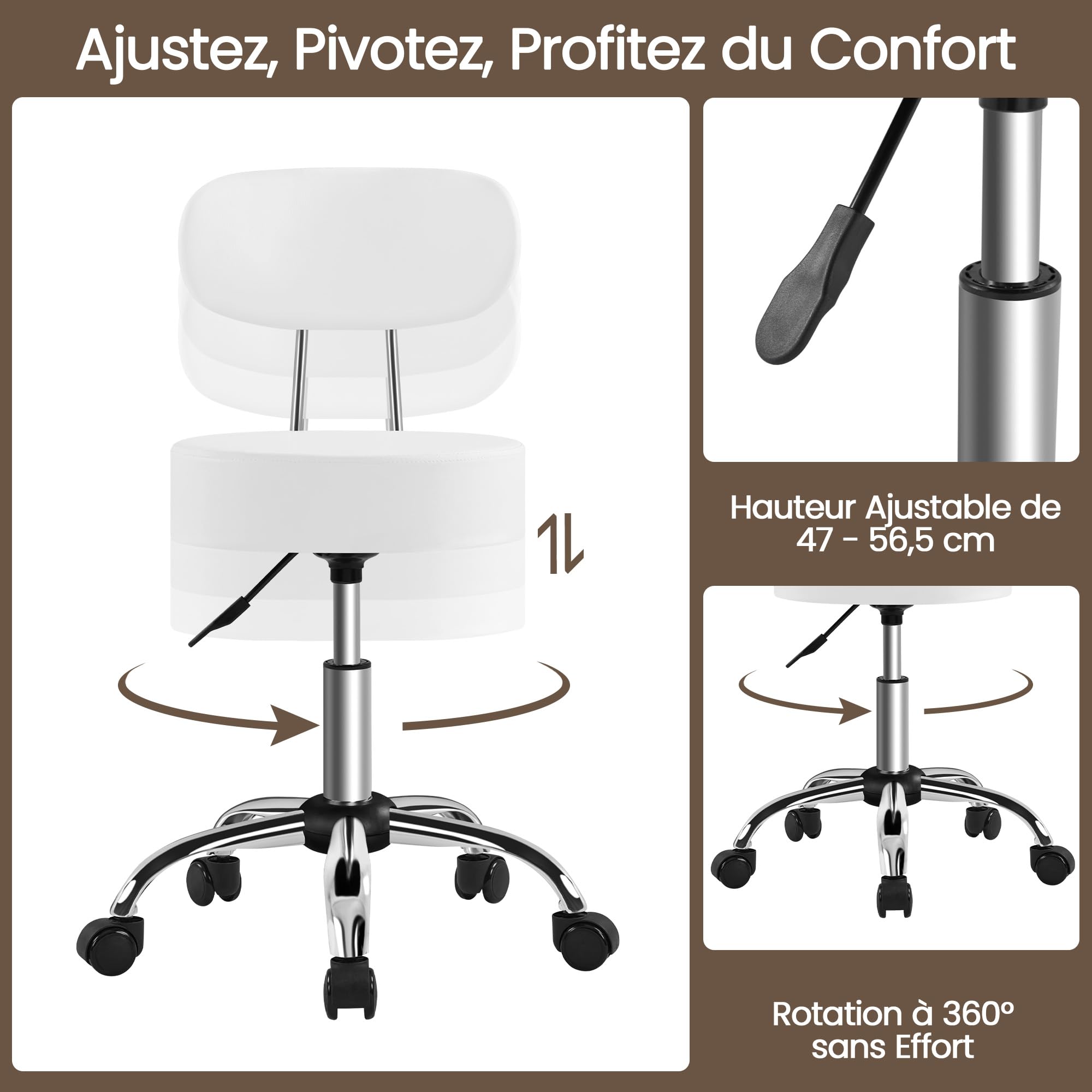 Tabouret de Bureau avec Dossier, Rotation 360°, Hauteur Réglable 75-84 cm, Siège Rembourrage 10 cm, Blanc
