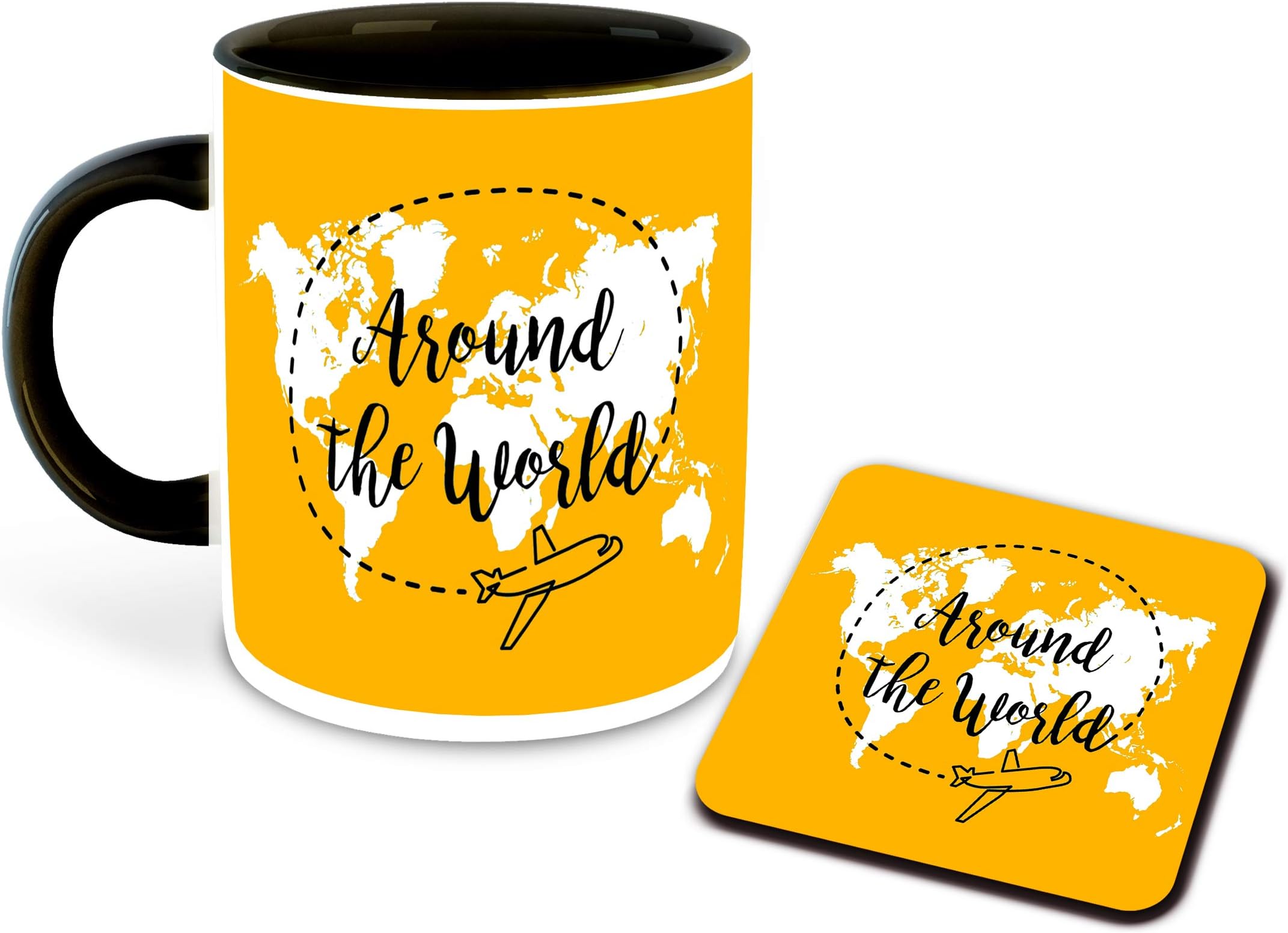 Travel Inspiration Printed Black Inner Colour Ceramic Coffee Mug with Coaster- Travel Quotes, World, Best Gift (Multi 5)