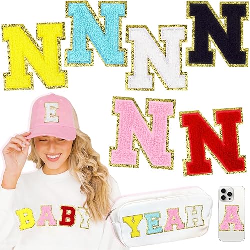 6 parches de letras de felpilla grandes de 3 pulgadas N, letras termo-adhesivas para tela y ropa, bordado con purpurina para chaqueta Letterman,