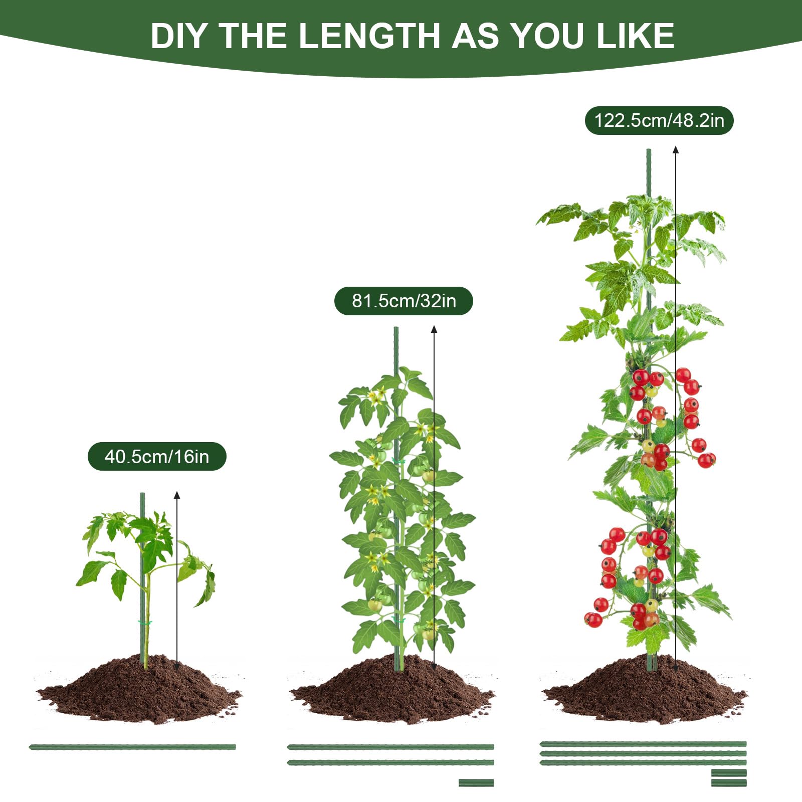 Lot De 30 Piquets De Jardin De 40,6 Cm Avec 15 Connecteurs Et Attache Torsadée, Réglables De 1,2 M, 1,5 M, 1,8 M, 2,1 M, 2,4 M De Haut, Bâtons De Plantes