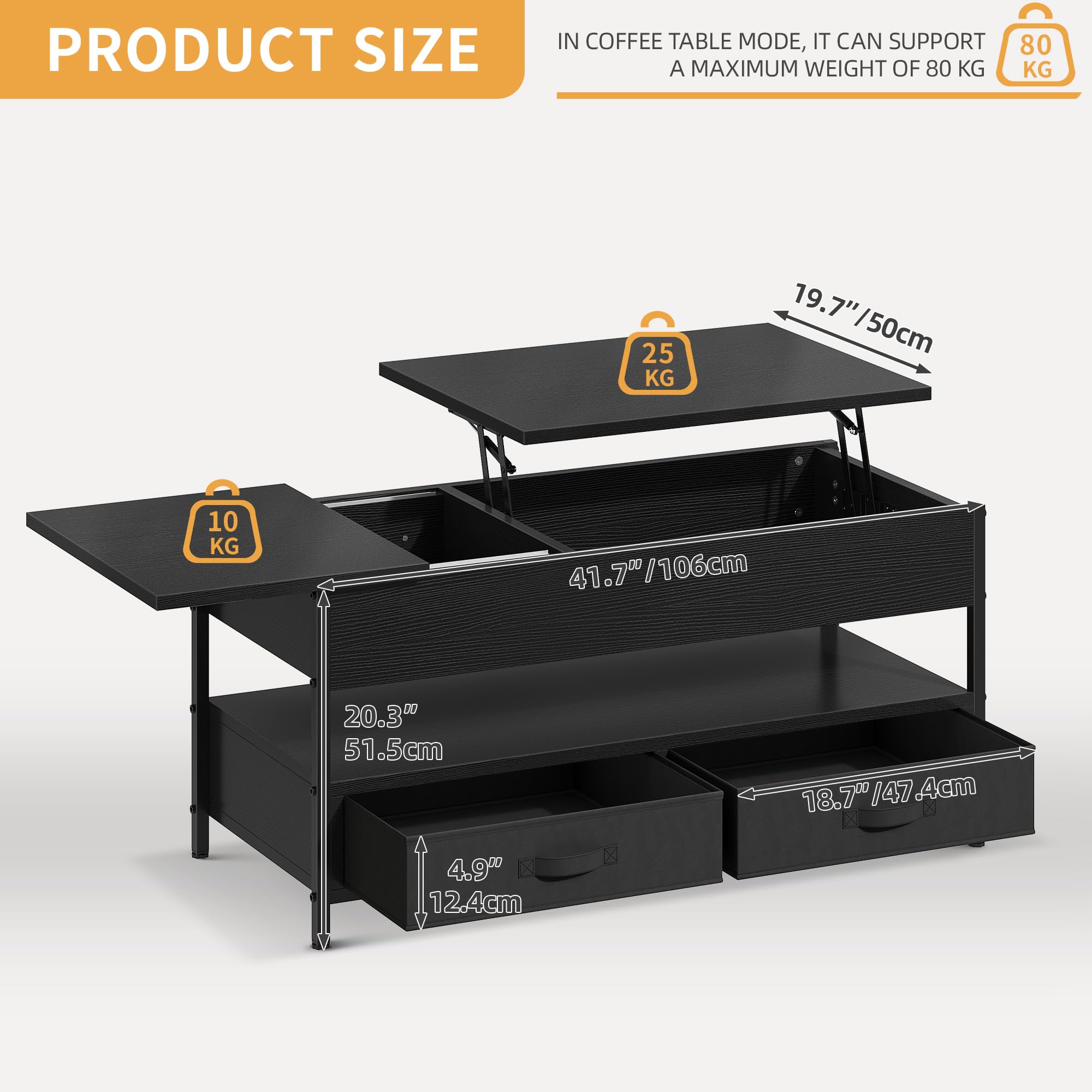 DWVO Couchtisch Höhenverstellbar mit 2 Schublade und Offener Lagerraum, LED Couchtisch mit Verstecktem Ablagefach, Wohnzimmertisch 106 x50x51,5cm