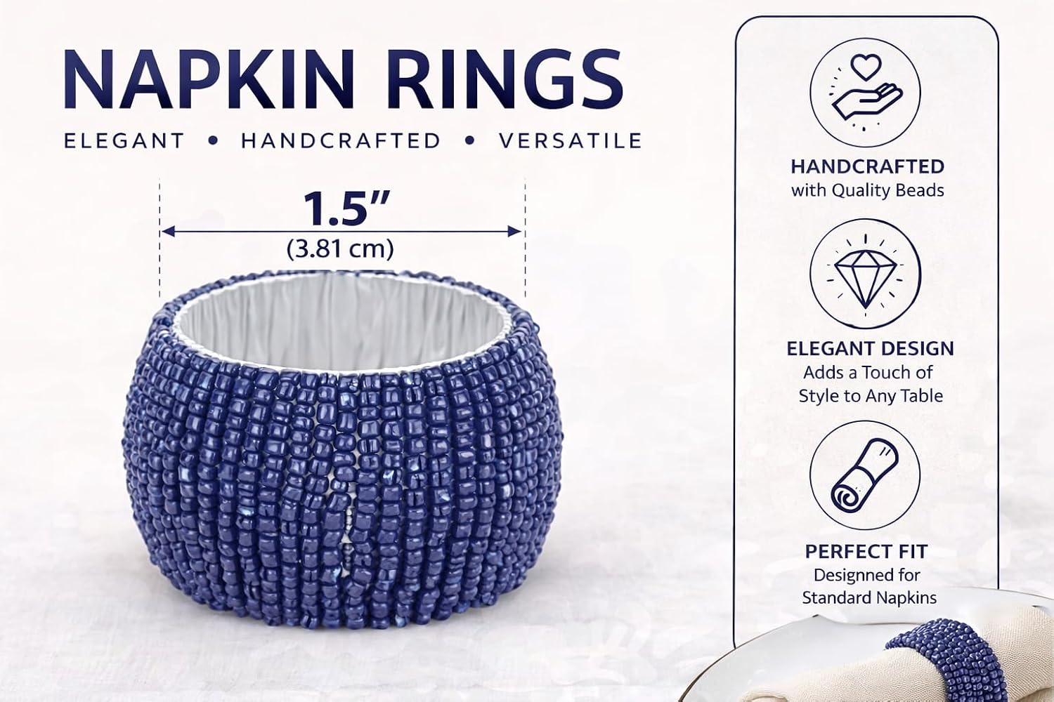 Blue Beaded Napkin Rings Set of 6 – Luxury Decorative Napkin Holders for Dining Table, Wedding, Party & Festive Table Decor – Elegant Handmade Bead Design, Durable & Reusable