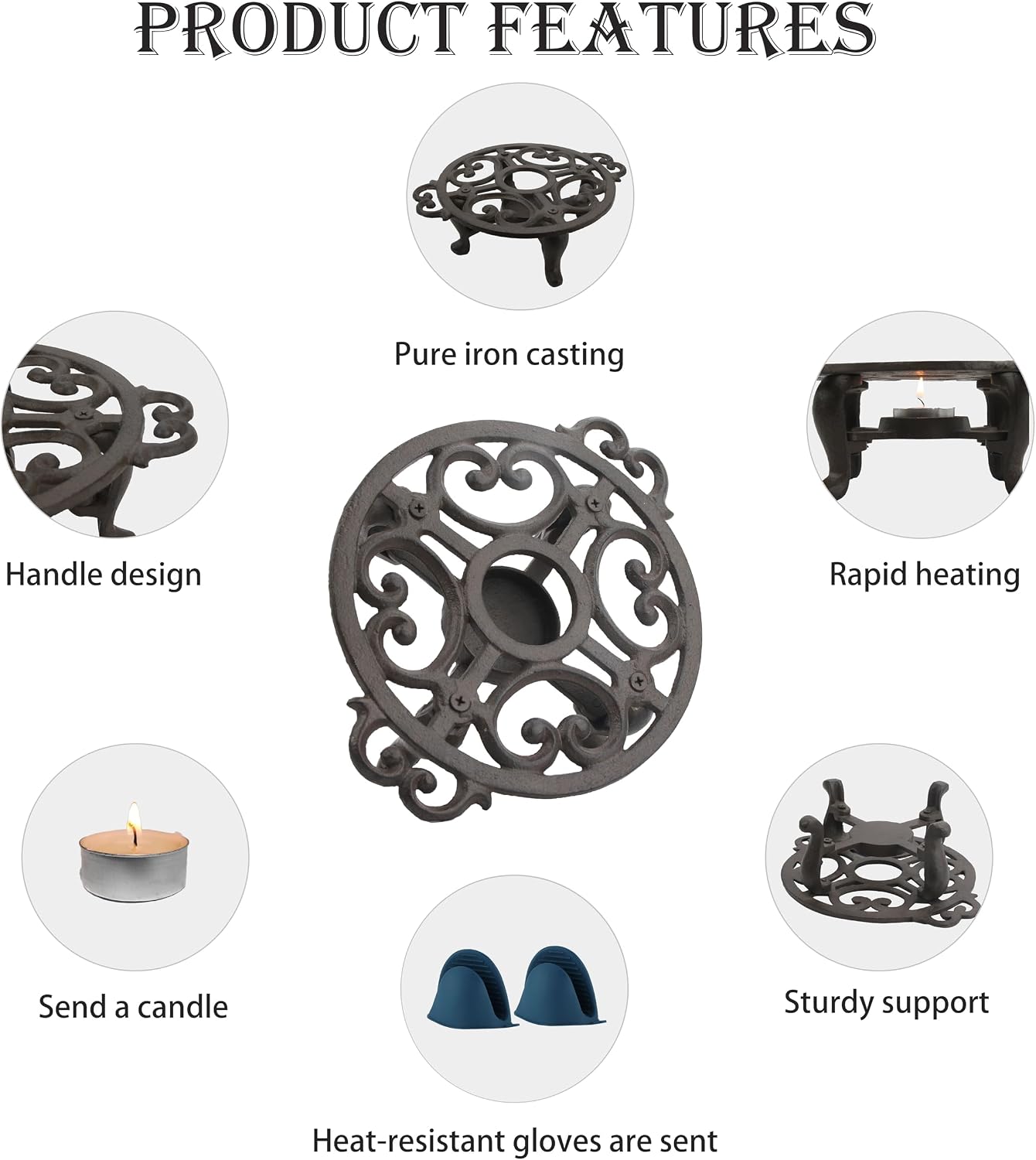Cast Iron Teapot Warmer, Tea Pot Warmer with Tealight Holder, Portable Wind-Resistant Tea Pot Warmer Base with Candles & Pinch Mitts, for Heat Food Coffee Milk or Tea
