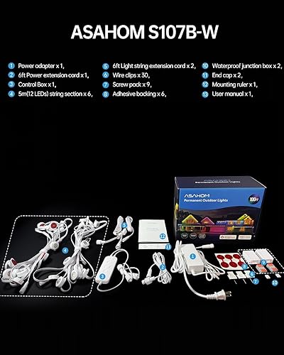 Miniatura 9 de ASAHOM Luces permanentes AI S107B, 100 pies con 72 luces LED RGBCW y doble salida, combinación de 30,000 efectos de iluminación, impermeable IP67