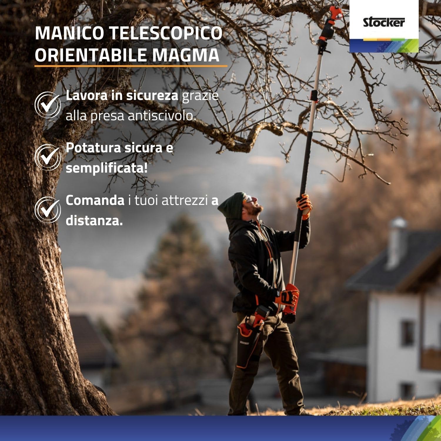 STOCKER - Kit Potatura con Forbice Elettrica Magma E-35 TP 21V, Asta Telescopica Orientabile, Batteria Fast Charge 2,6Ah e Olio Spray – Taglio fino a 35 mm, Garanzia Estendibile fino a 5 Anni