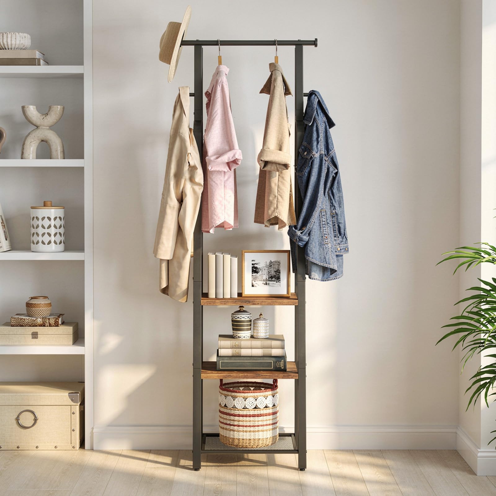 MAHANCRIS Garderobenständer mit Kleiderstange, freistehender Kleiderständer mit 3 Ablagen und 8 Haken, für Mäntel, Taschen, für Eingangsbereich und Schlafzimmer, Schwarz und Vintagebraun ACRHR14901