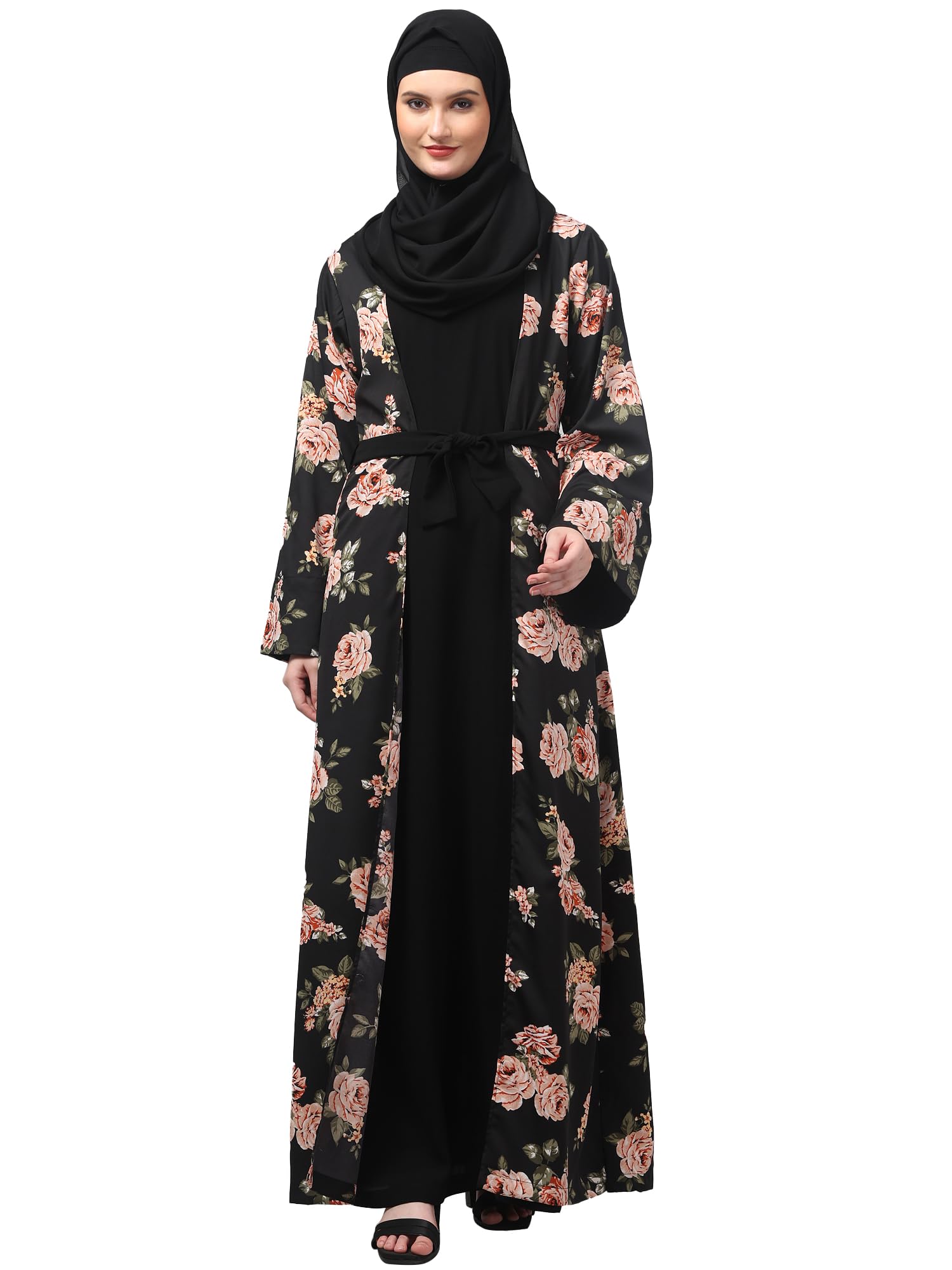 fia fashion Black Floral Print Shrug Set with Belt, 2-Piece Abaya Style Outfit for Women-picture-45