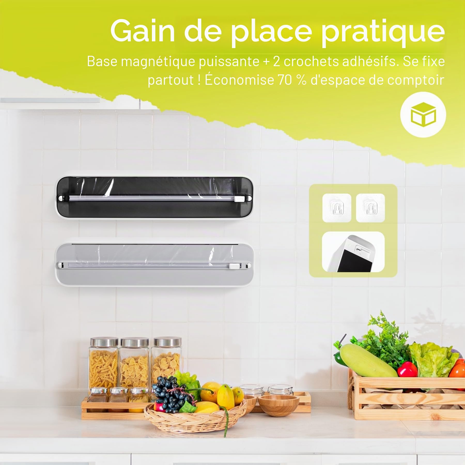 Derouleur Film Alimentaire avec Coupeur - Organisateur de Cuisine Magnétique et Adhésif Sans Percer, Distributeur Papier Aluminium et Film - Gain de Place pour Rouleaux Jusqu'à 300m, Noir