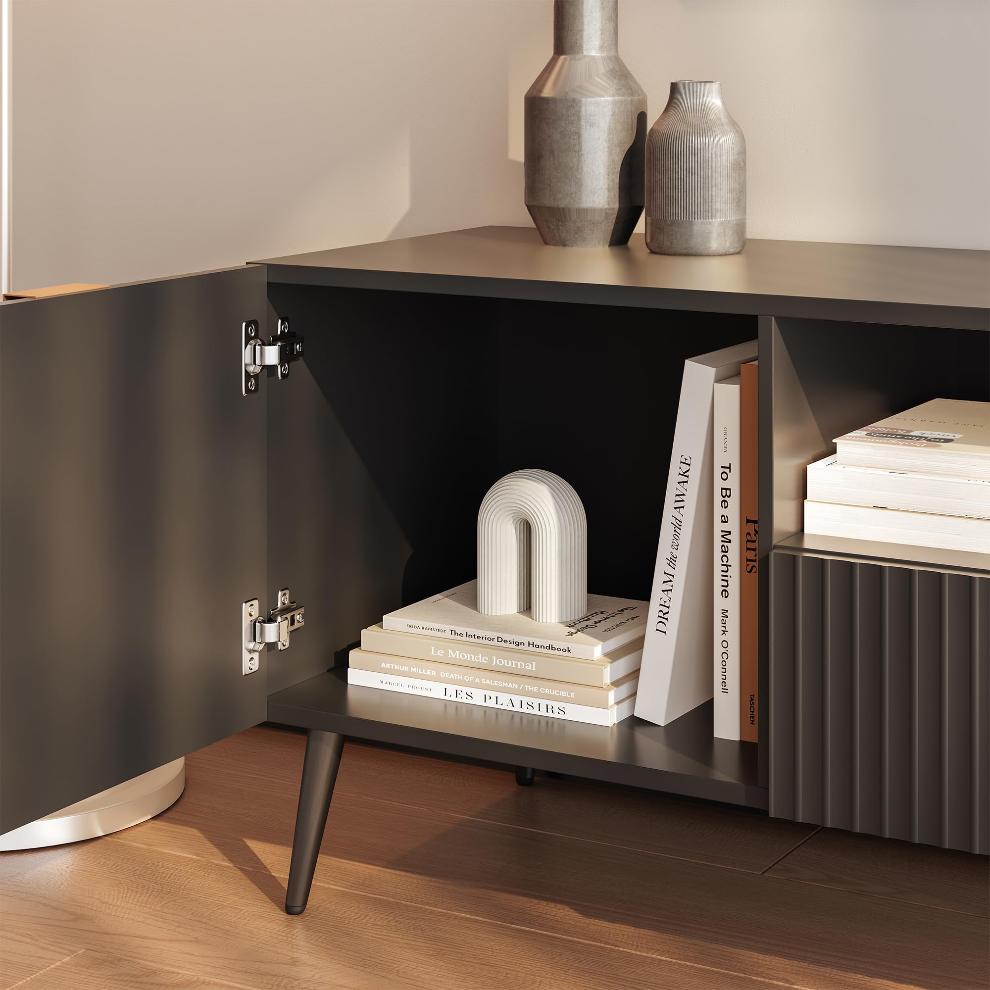 [en.casa] TV Schrank Nand Lowboard mit 2 Türen geriffelt Fernsehschrank mit Schublade 160 x 40 x 51 cm Sideboard Kommode Fernsehtisch Schwarz