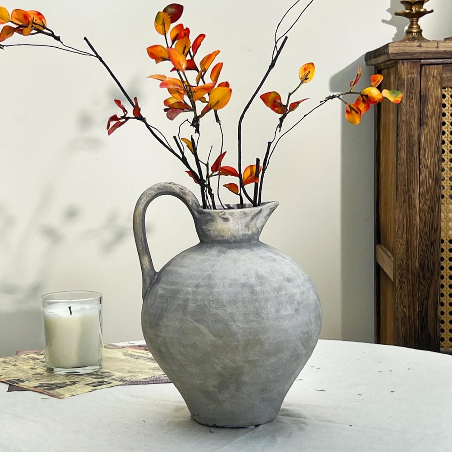 Rustic Ceramic Vase with Handle, 8.86 Inch White Grey Handmade Farmhouse Vase Home Decor, Textured Pottery Flower Vases for Living Room, Bedroom, Office, Farmhouse Centerpiece