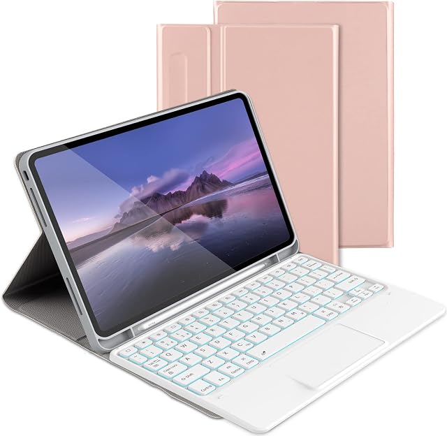 Backlit Keyboard Case with Touchpad Mouse for iPad Air 5/4, iPad Pro 11 Inch, Case with Detachable Bluetooth Keyboard UK Layout and Trackpad for iPad Air 10.9", iPad Pro 11 2022/2020/2018, Rose Gold